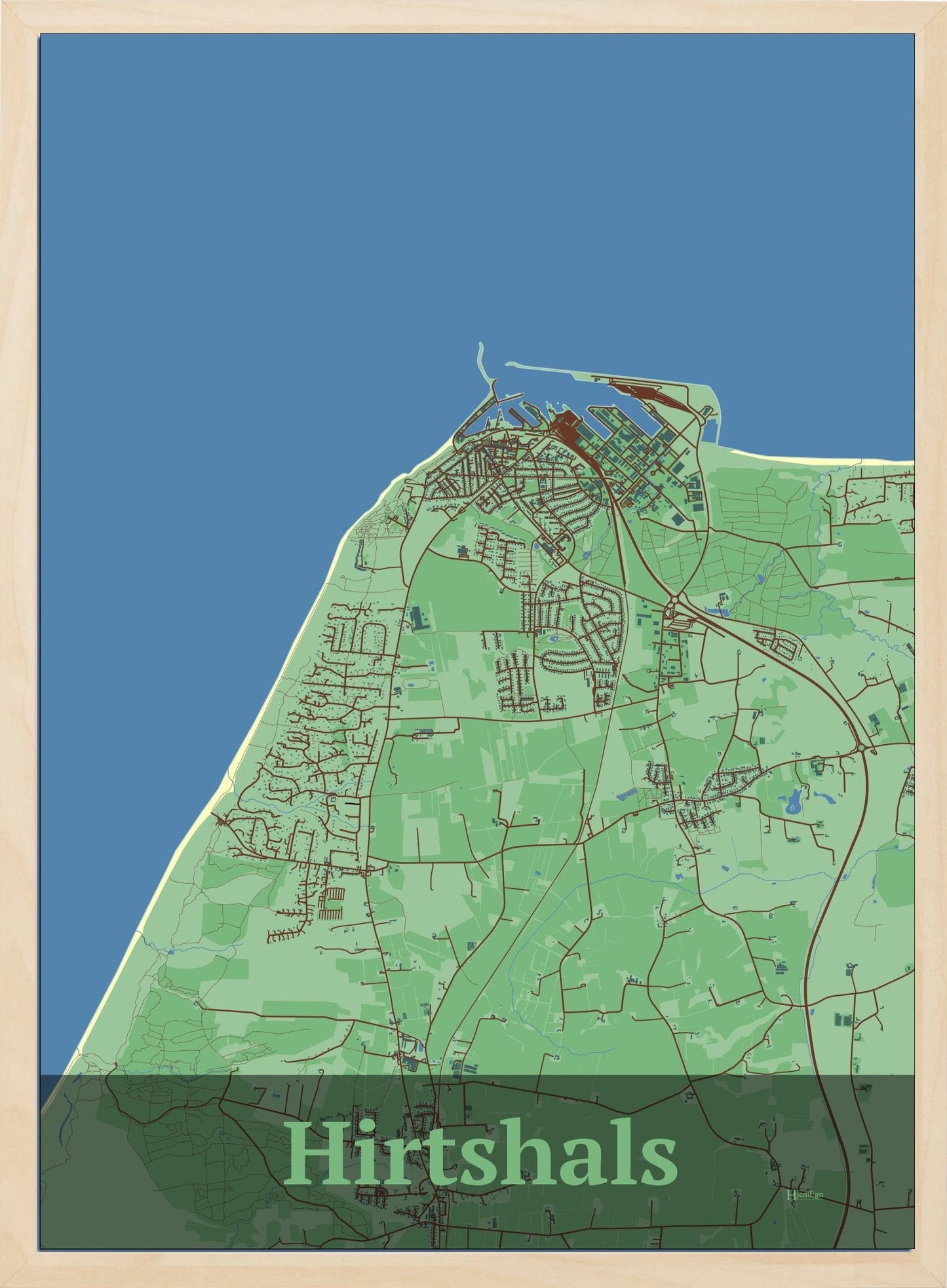 Hirtshals plakat i pastel grøn og HjemEgn.dk design firkantet. Design bykort for Hirtshals