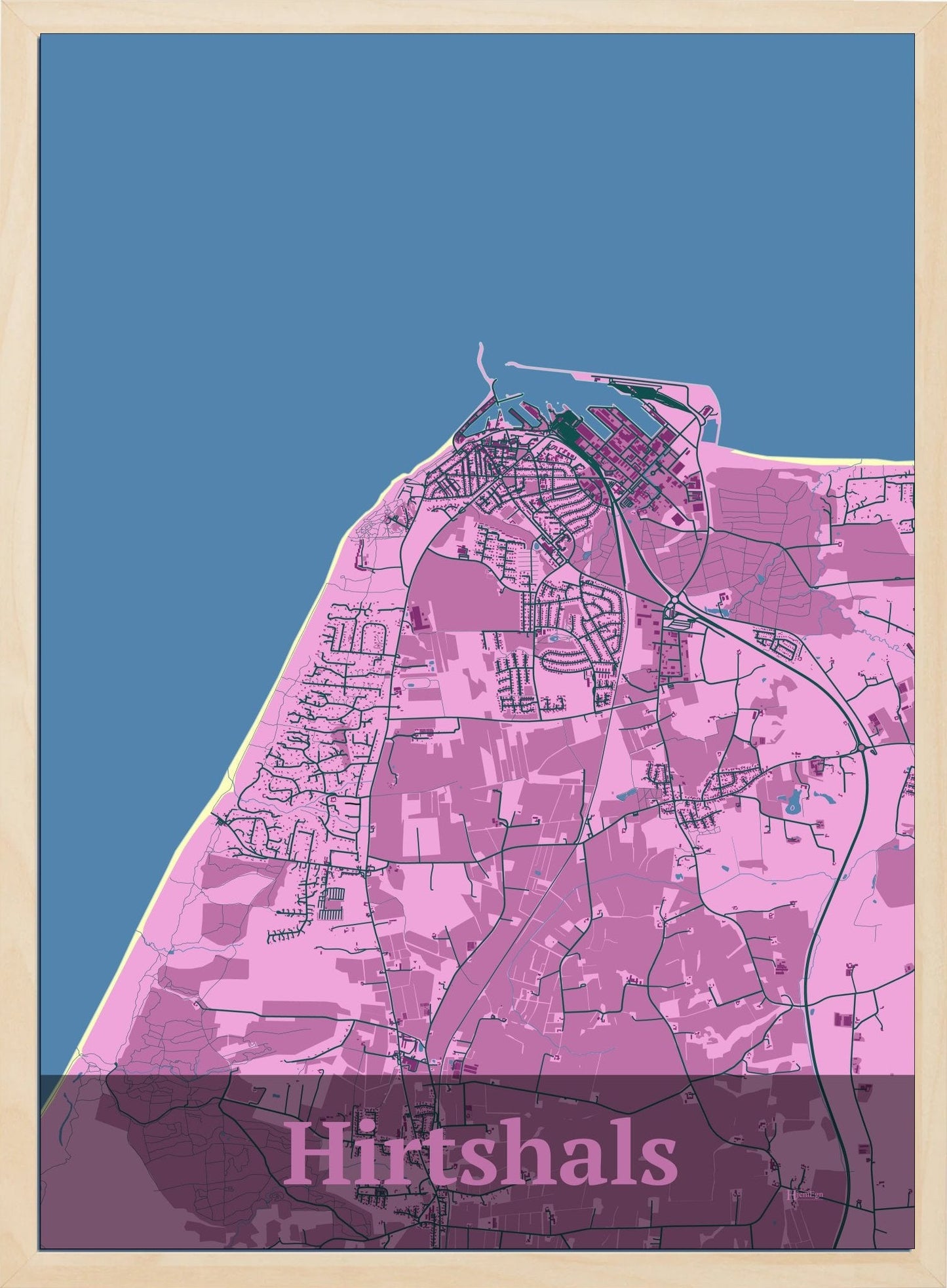 Hirtshals plakat i pastel rød og HjemEgn.dk design firkantet. Design bykort for Hirtshals