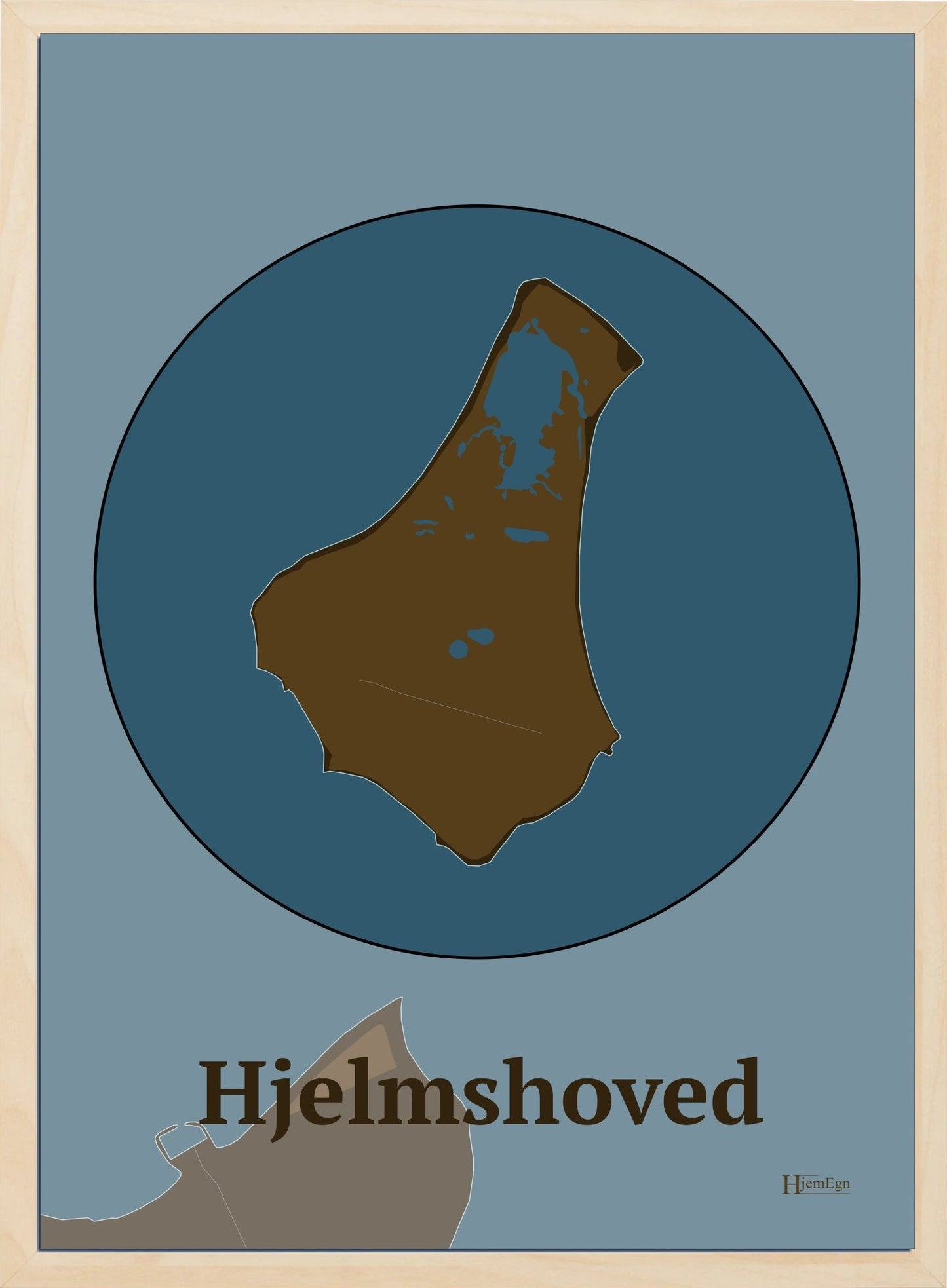 Hjelmshoved plakat i farve mørk brun og HjemEgn.dk design centrum. Design ø-kort for Hjelmshoved