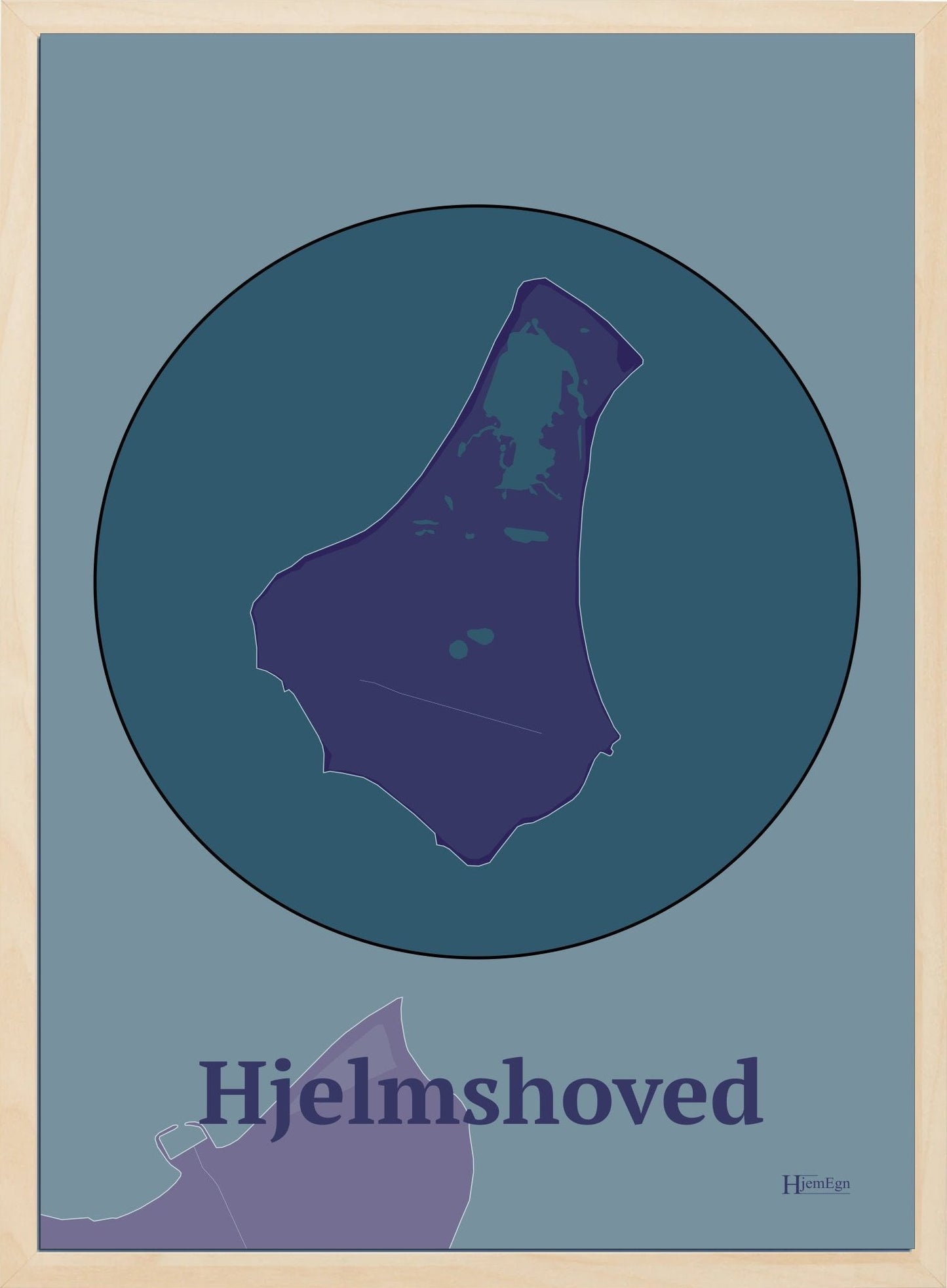 Hjelmshoved plakat i farve mørk lilla og HjemEgn.dk design centrum. Design ø-kort for Hjelmshoved