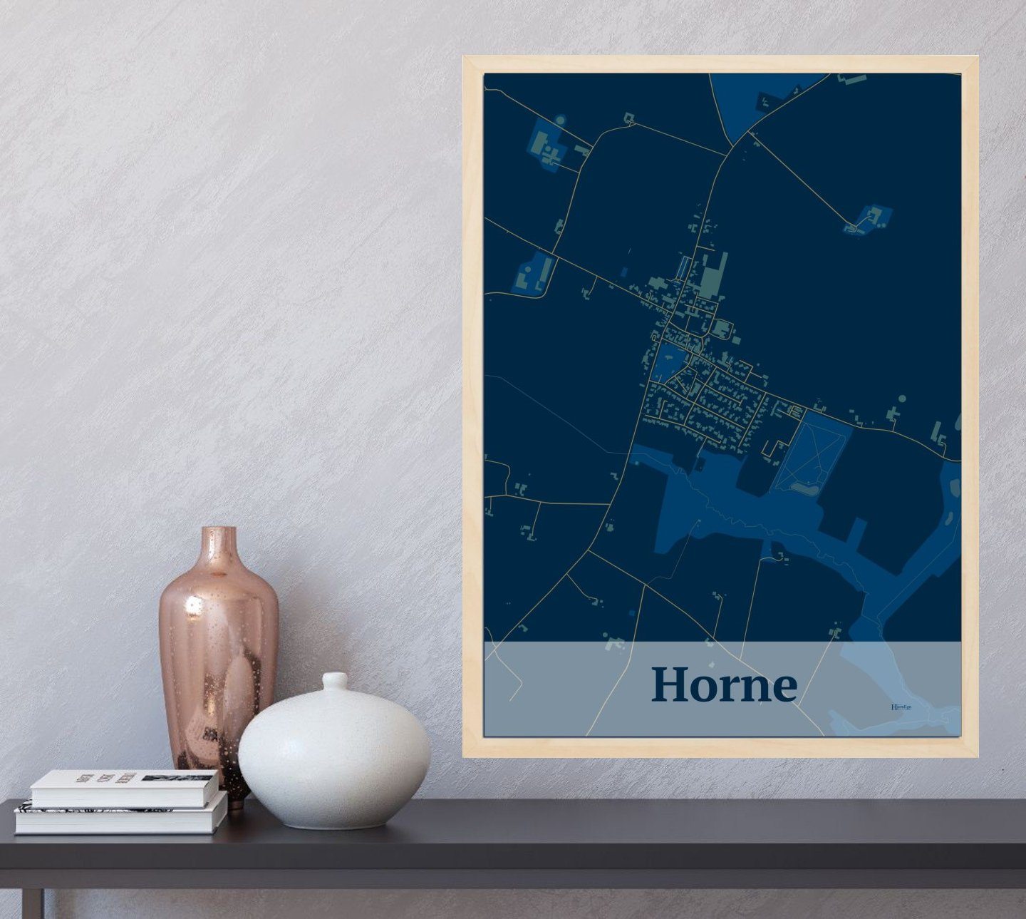 Horne plakat i farve og HjemEgn.dk design firkantet. Design bykort for Horne