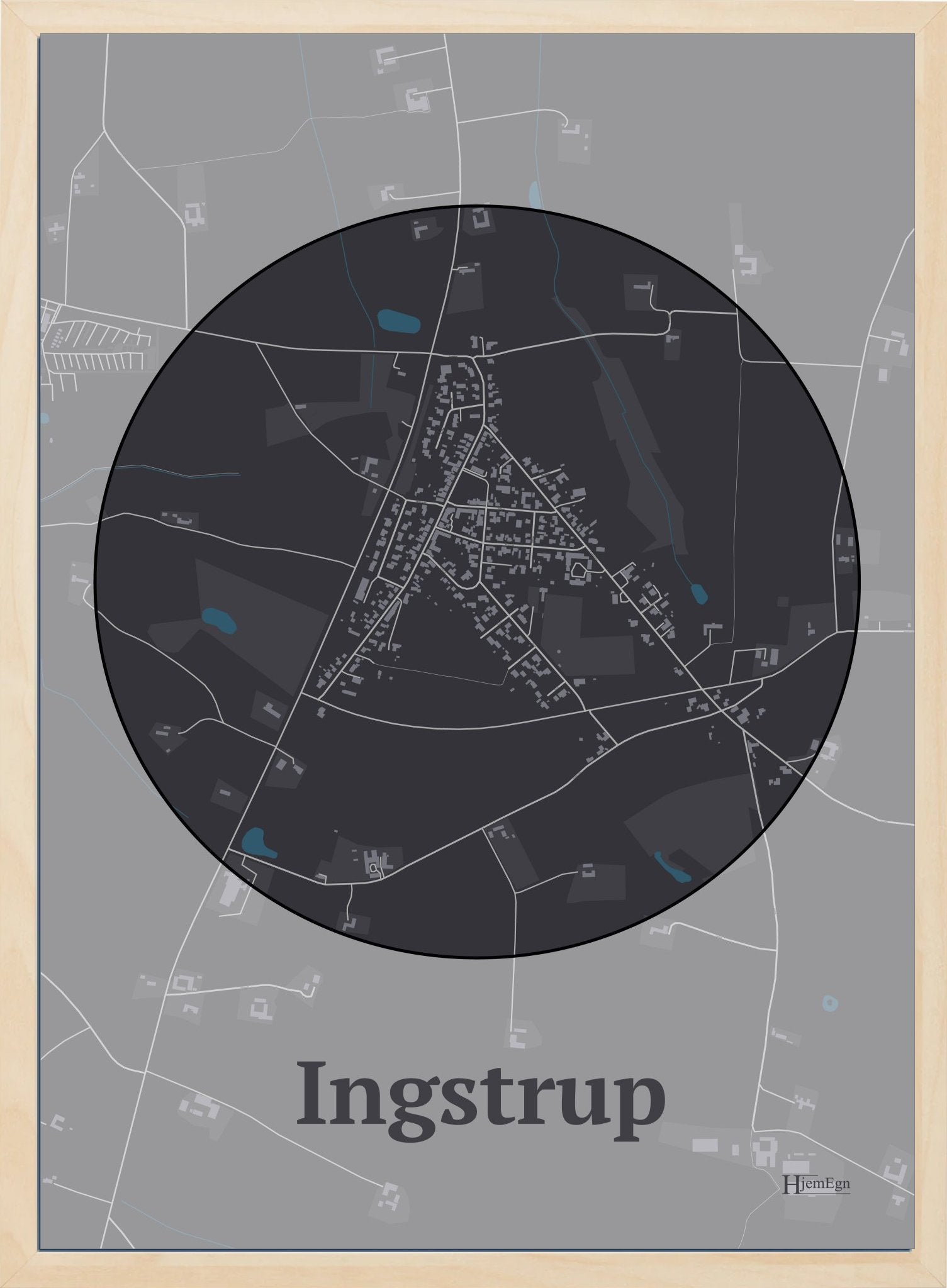 Ingstrup plakat i farve mørk brun og HjemEgn.dk design centrum. Design bykort for Ingstrup