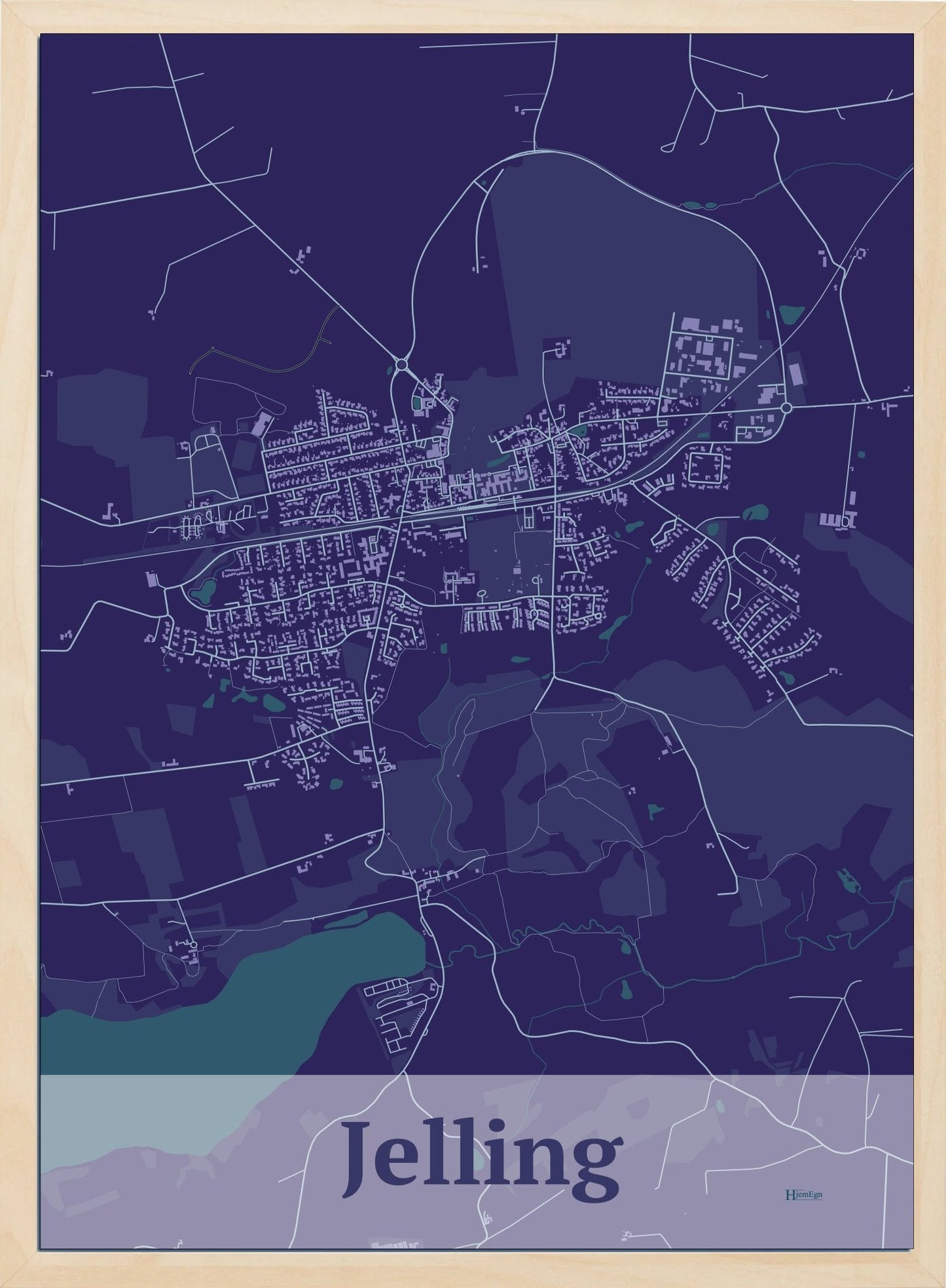 Jelling plakat i farve mørk lilla og HjemEgn.dk design firkantet. Design bykort for Jelling