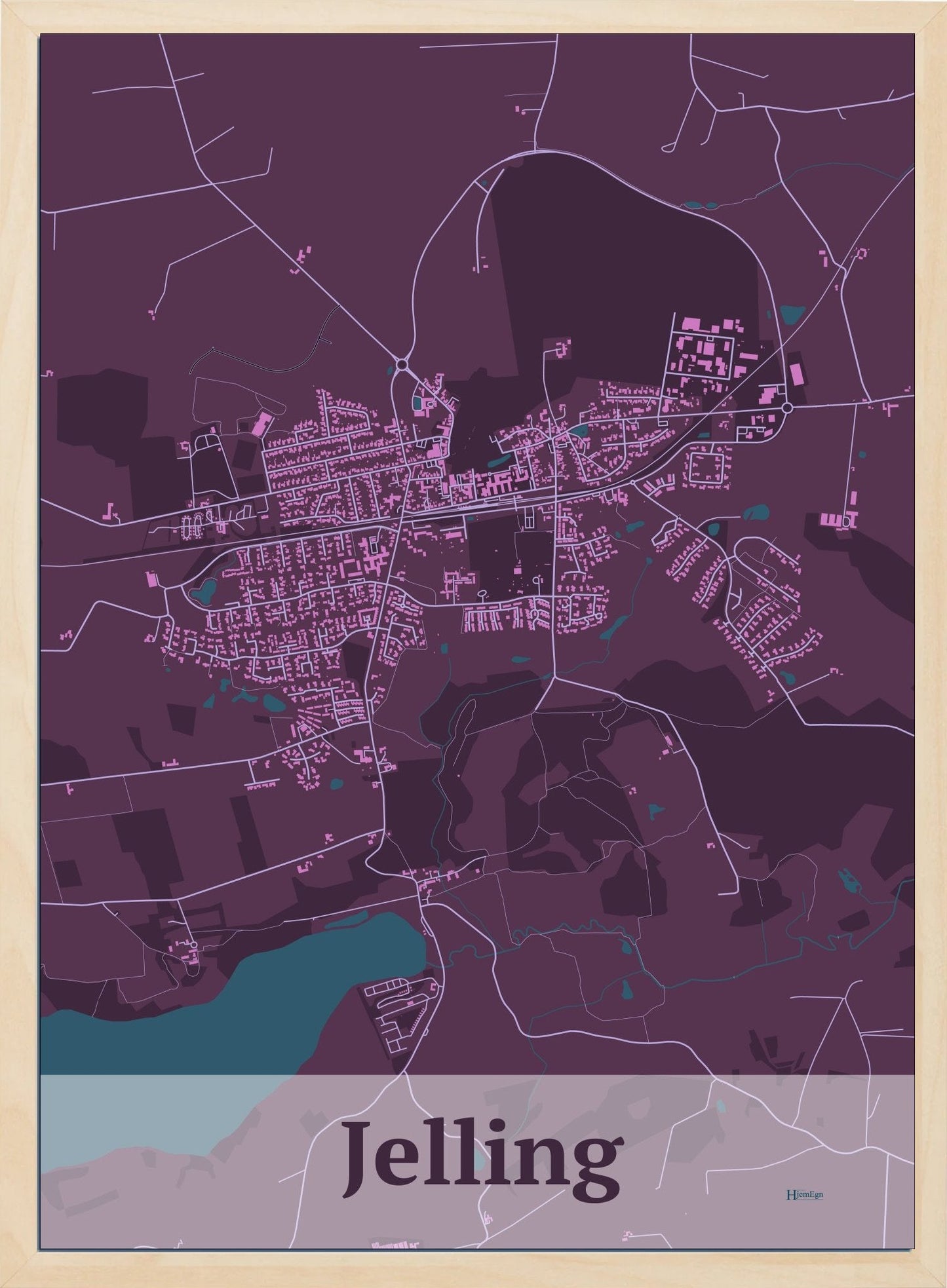 Jelling plakat i farve mørk rød og HjemEgn.dk design firkantet. Design bykort for Jelling