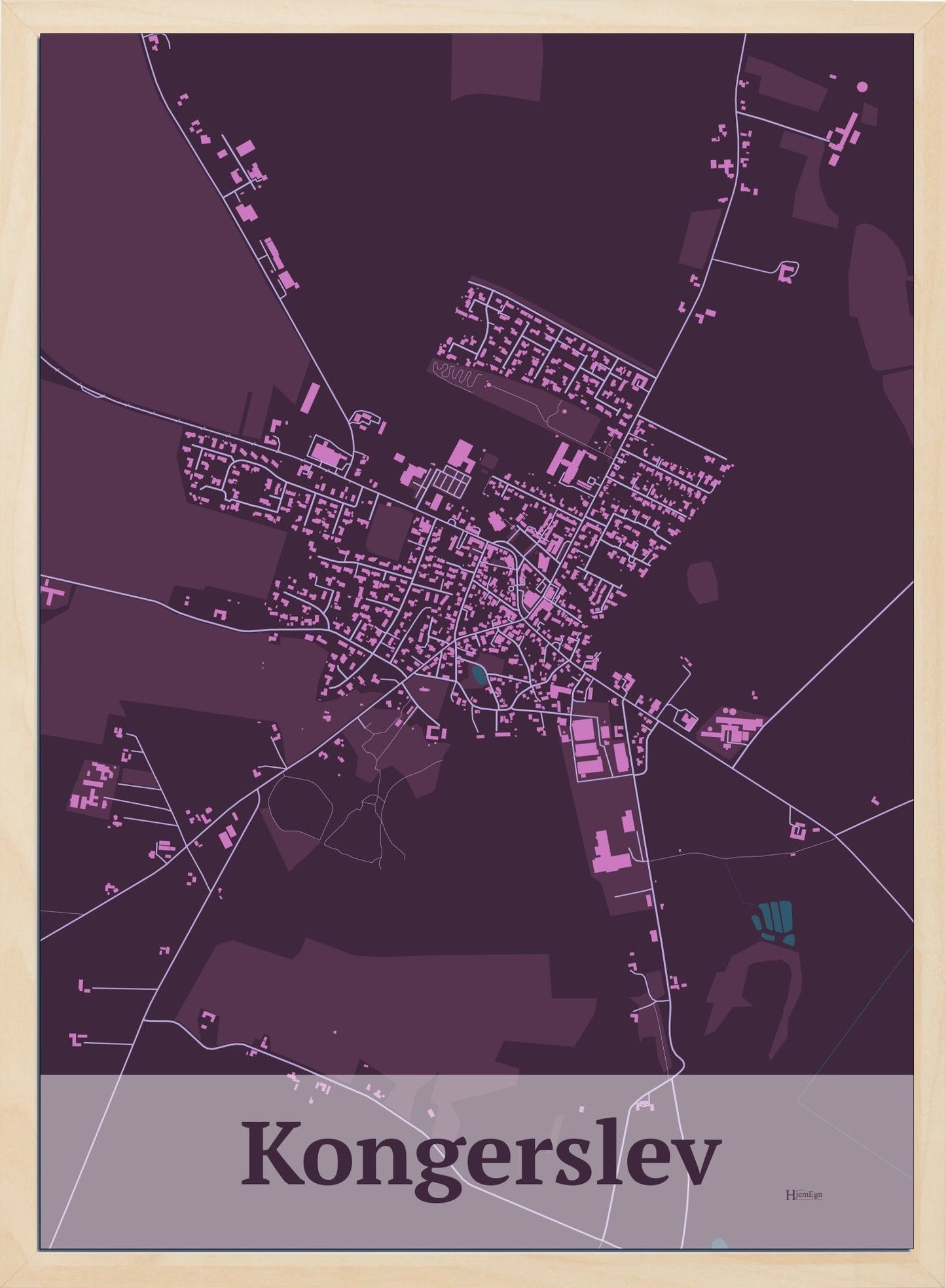 Kongerslev plakat i farve mørk rød og HjemEgn.dk design firkantet. Design bykort for Kongerslev