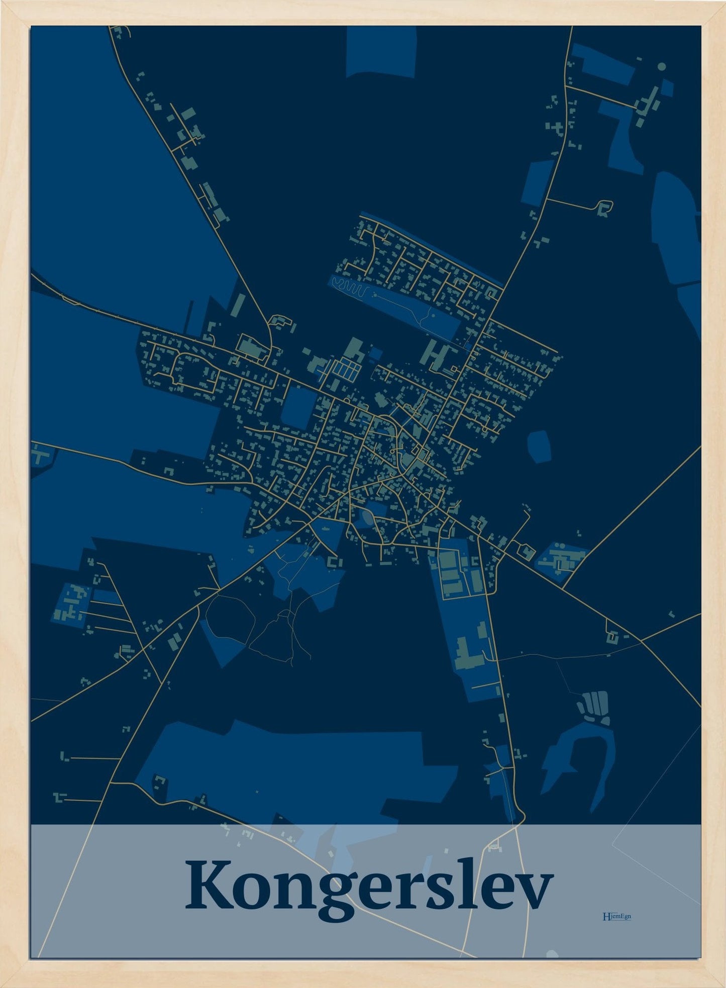 Kongerslev plakat i farve mørk blå og HjemEgn.dk design firkantet. Design bykort for Kongerslev