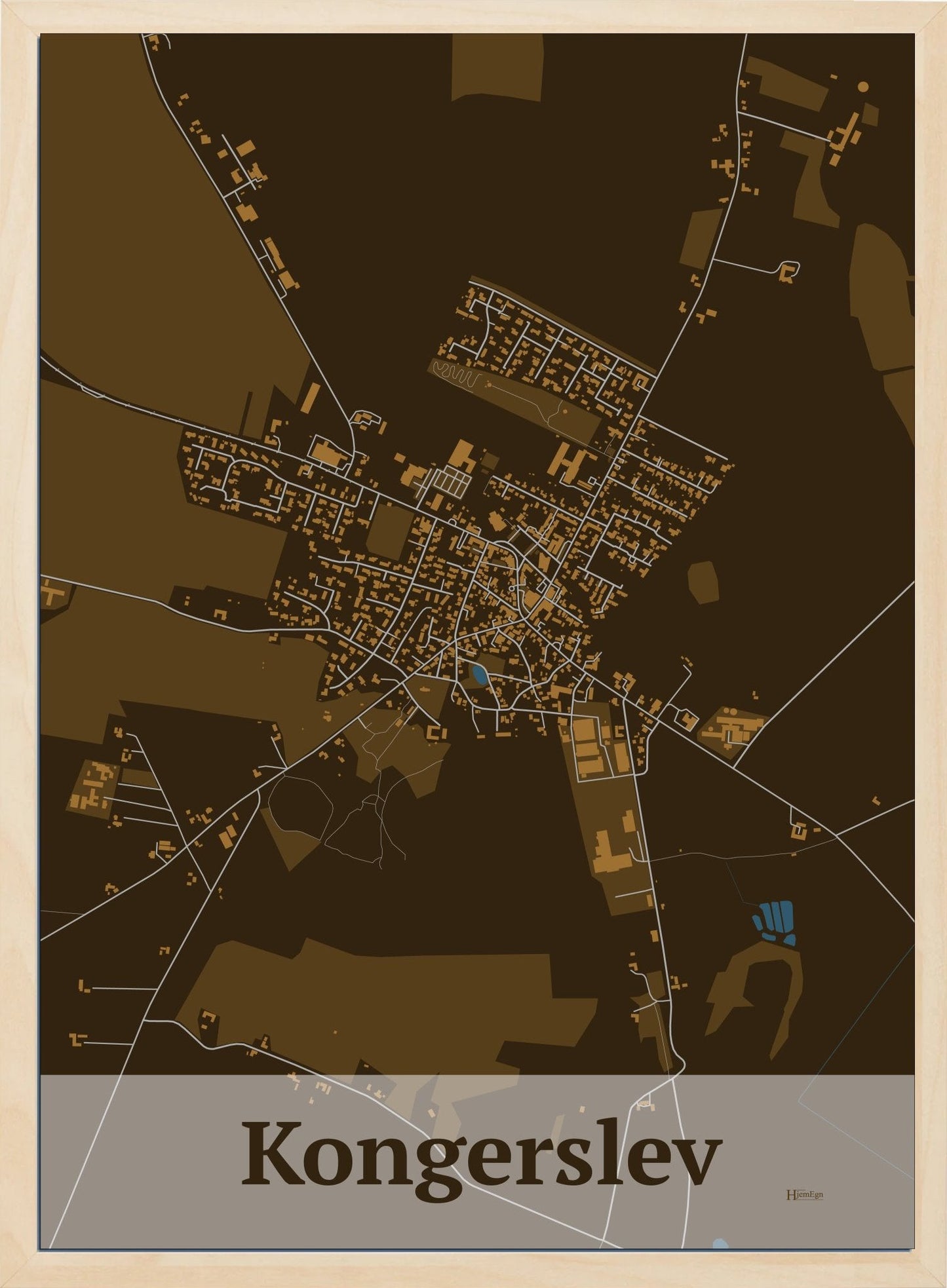 Kongerslev plakat i farve mørk brun og HjemEgn.dk design firkantet. Design bykort for Kongerslev