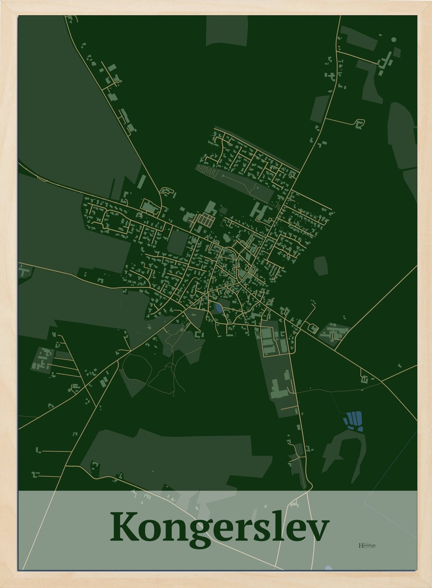 Kongerslev plakat i farve mørk grøn og HjemEgn.dk design firkantet. Design bykort for Kongerslev