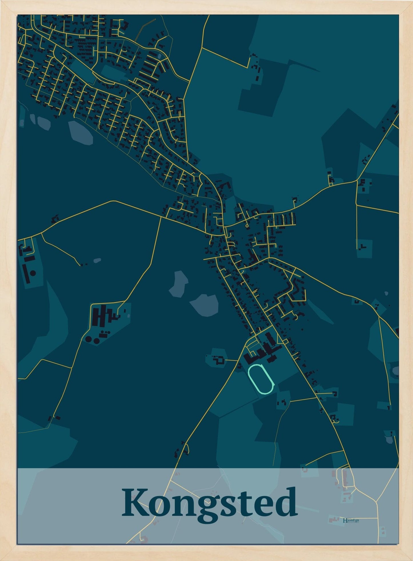 Kongsted plakat i mørk brun og HjemEgn.dk design firkantet. Design bykort for Kongsted