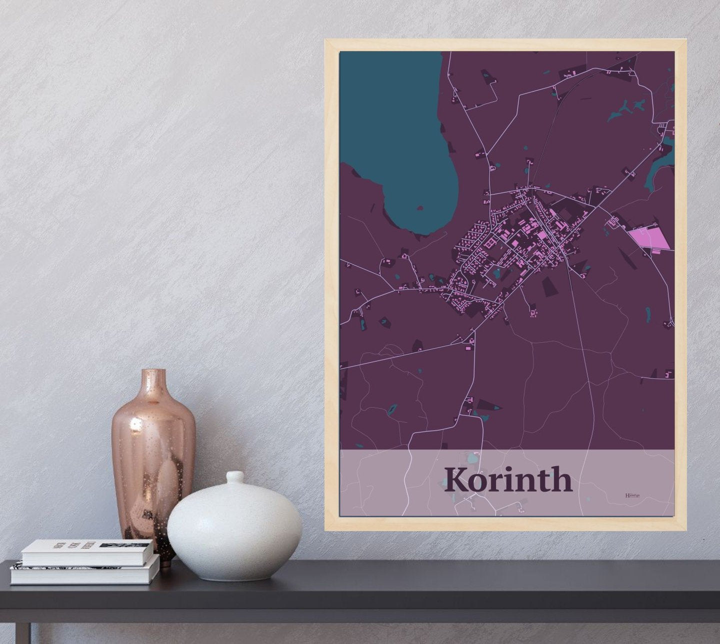 Korinth plakat i farve og HjemEgn.dk design firkantet. Design bykort for Korinth