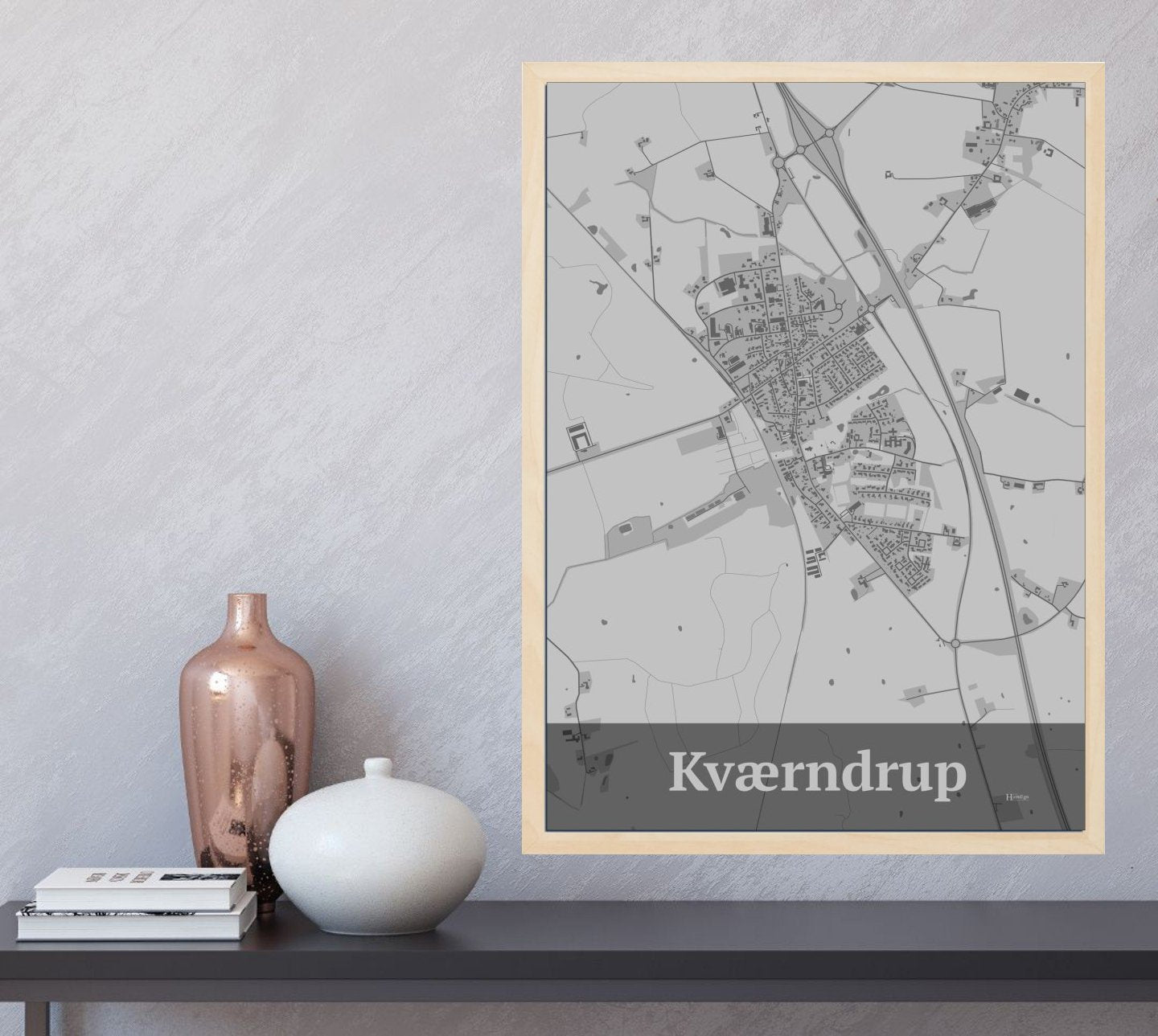 Kværndrup plakat i farve og HjemEgn.dk design firkantet. Design bykort for Kværndrup