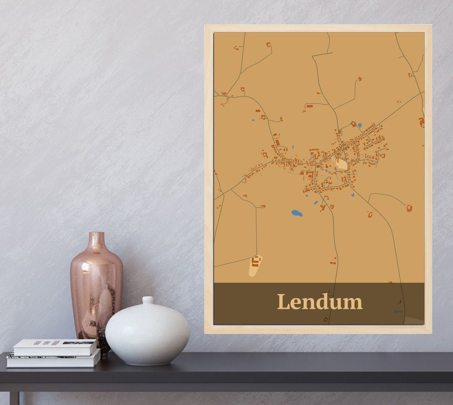 Lendum plakat i farve og HjemEgn.dk design firkantet. Design bykort for Lendum