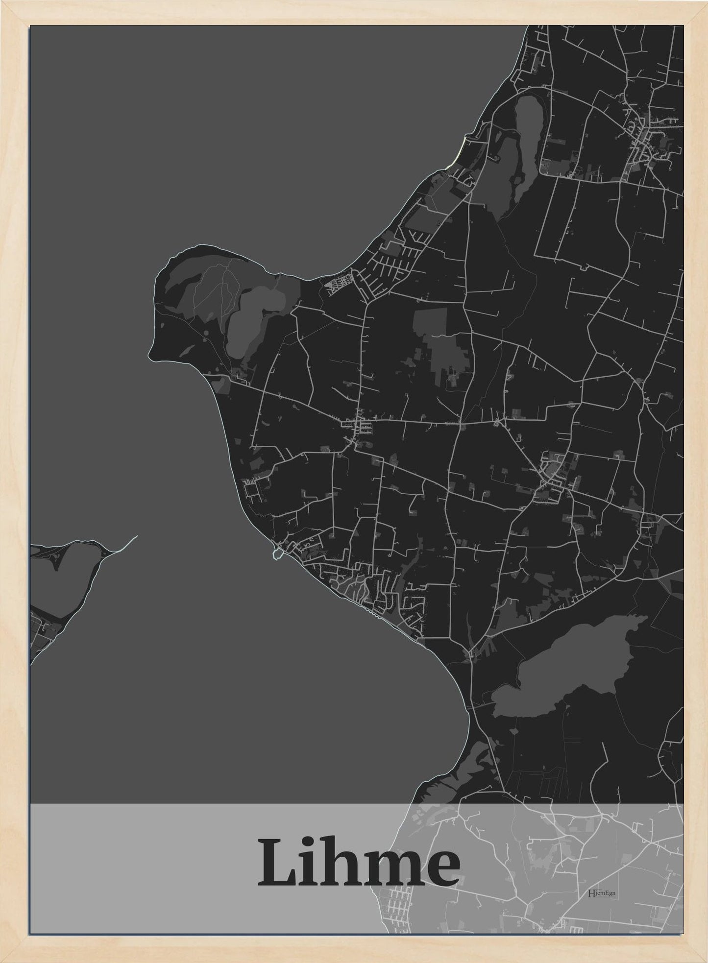 Lihme plakat i mørk grå og HjemEgn.dk design firkantet. Design bykort for Lihme