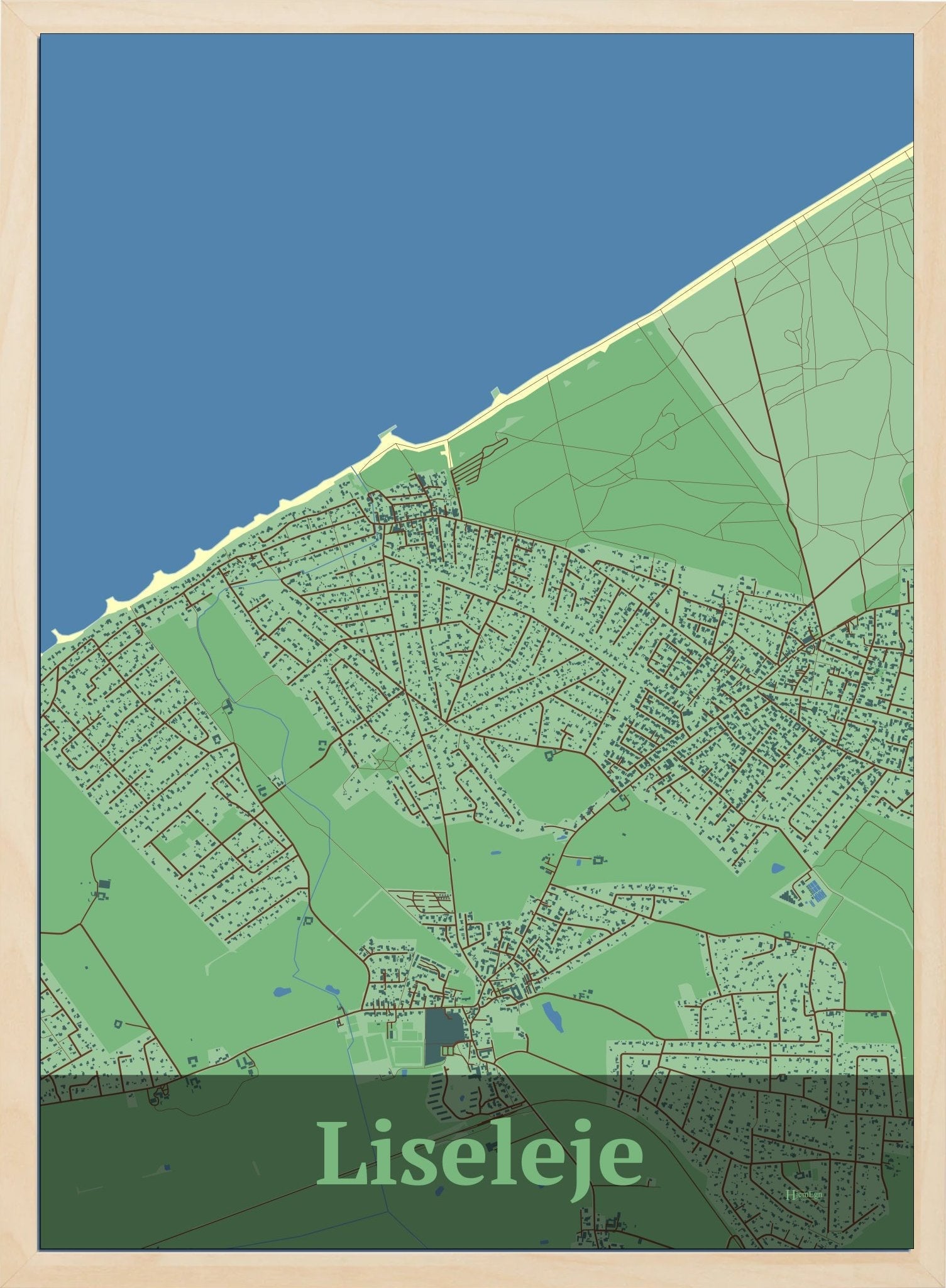 Liseleje plakat i farve pastel grøn og HjemEgn.dk design firkantet. Design bykort for Liseleje