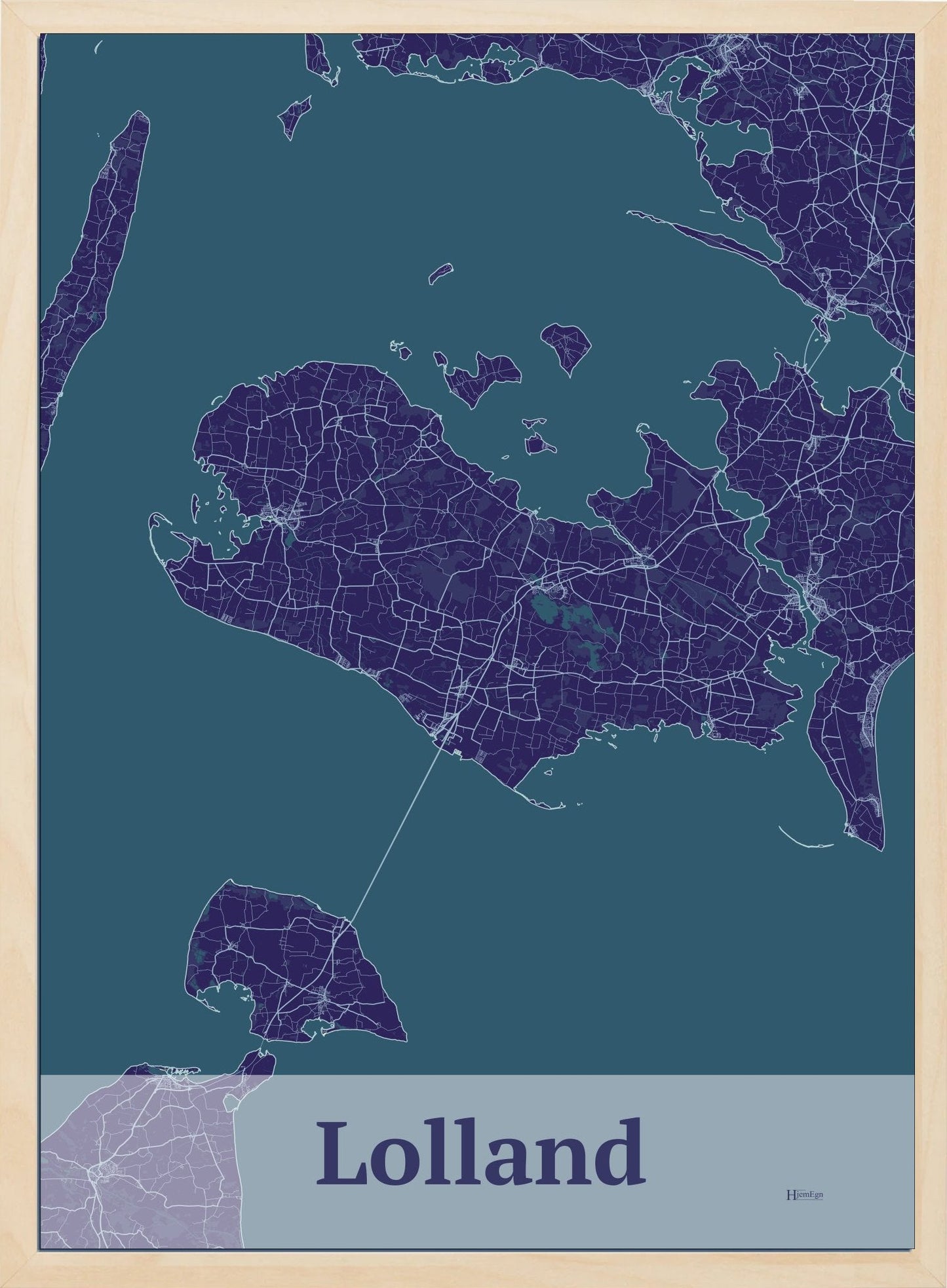 Lolland plakat i farve mørk lilla og HjemEgn.dk design firkantet. Design ø-kort for Lolland