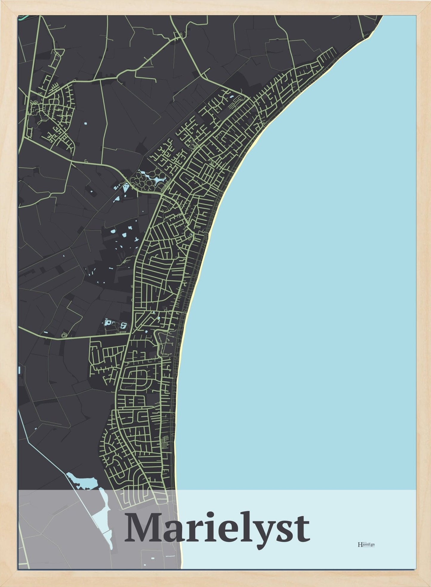 Marielyst plakat i farve mørk brun og HjemEgn.dk design firkantet. Design bykort for Marielyst