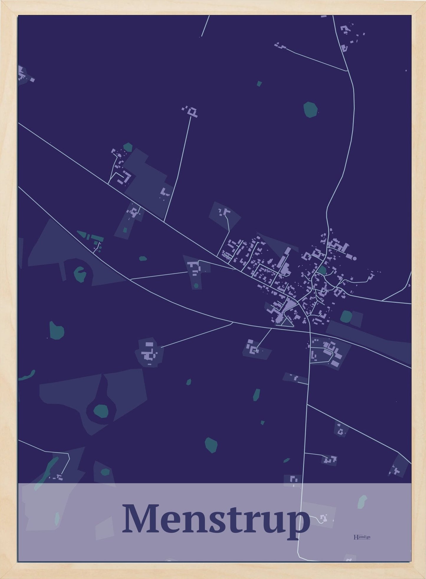 Menstrup plakat i farve mørk lilla og HjemEgn.dk design firkantet. Design bykort for Menstrup