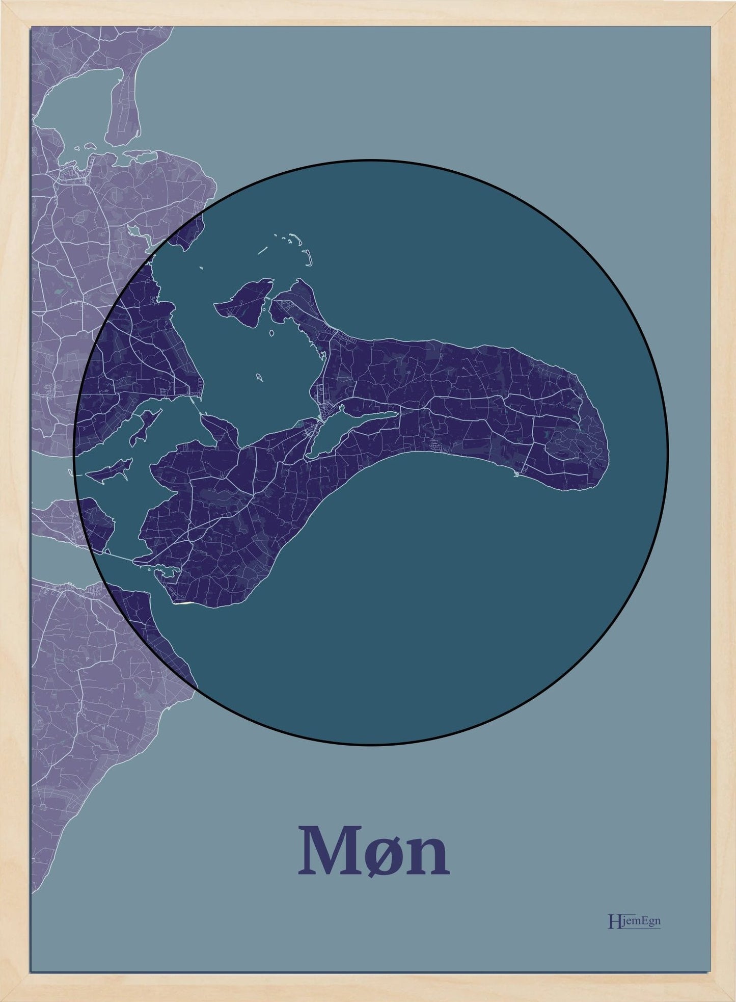 Møn plakat i farve mørk lilla og HjemEgn.dk design centrum. Design ø-kort for Møn