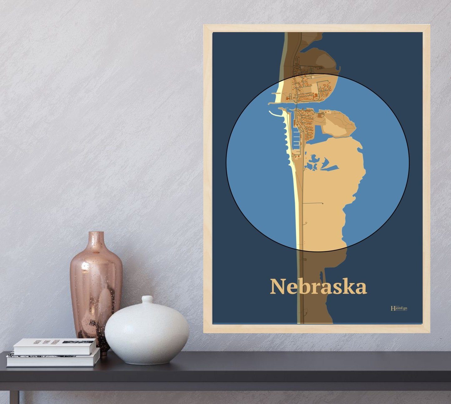 Nebraska Tema:øjet plakat i farve og HjemEgn.dk design centrum. Design bykort for Nebraska Tema:øjet