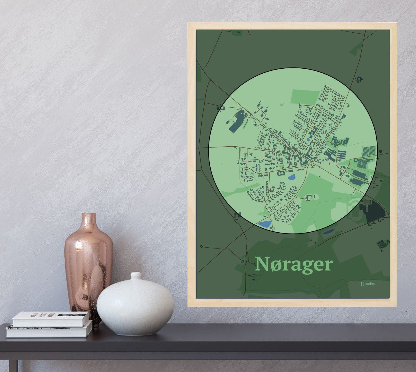 Nørager plakat i farve og HjemEgn.dk design centrum. Design bykort for Nørager