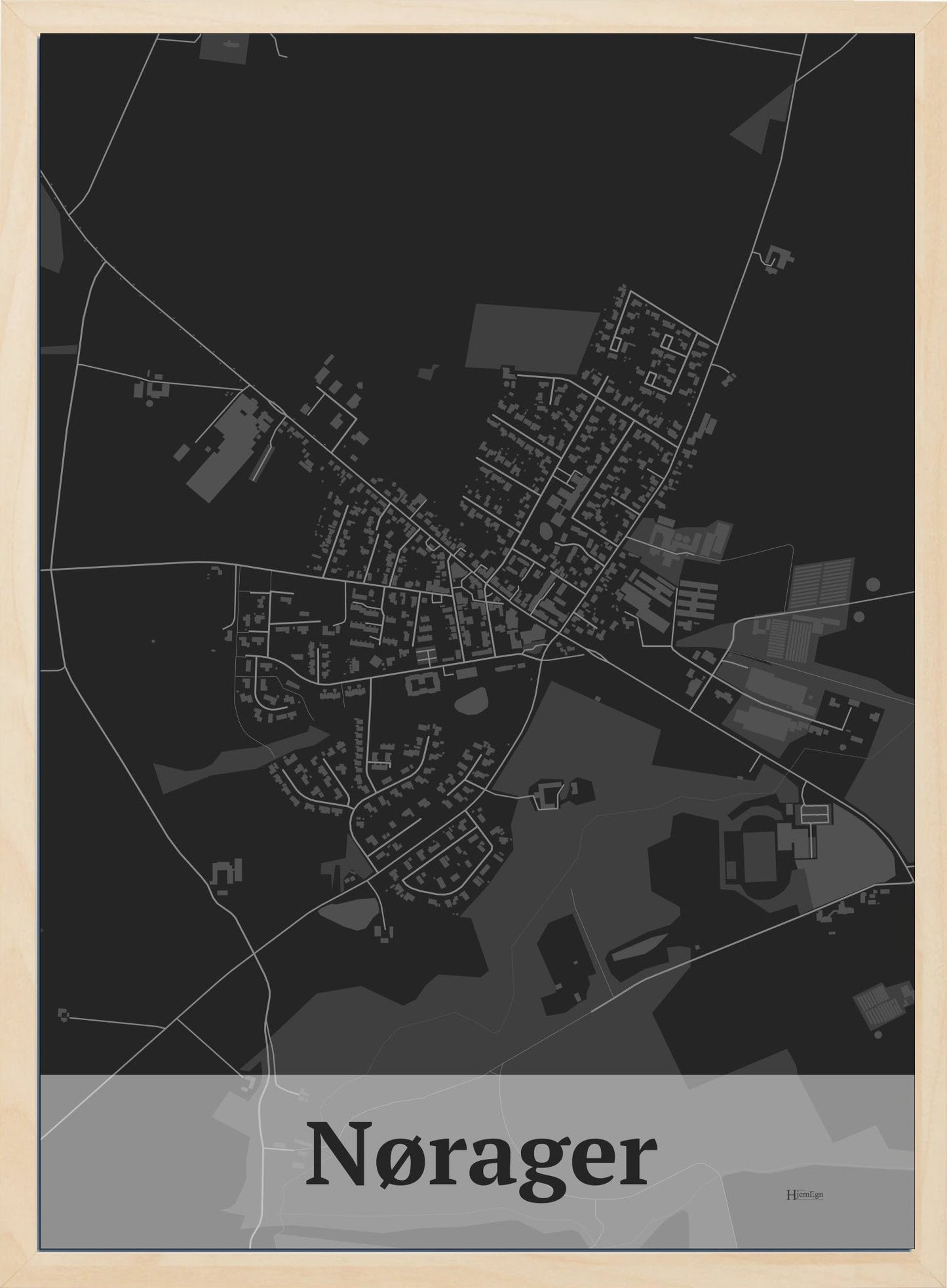 Nørager plakat i farve mørk grå og HjemEgn.dk design firkantet. Design bykort for Nørager