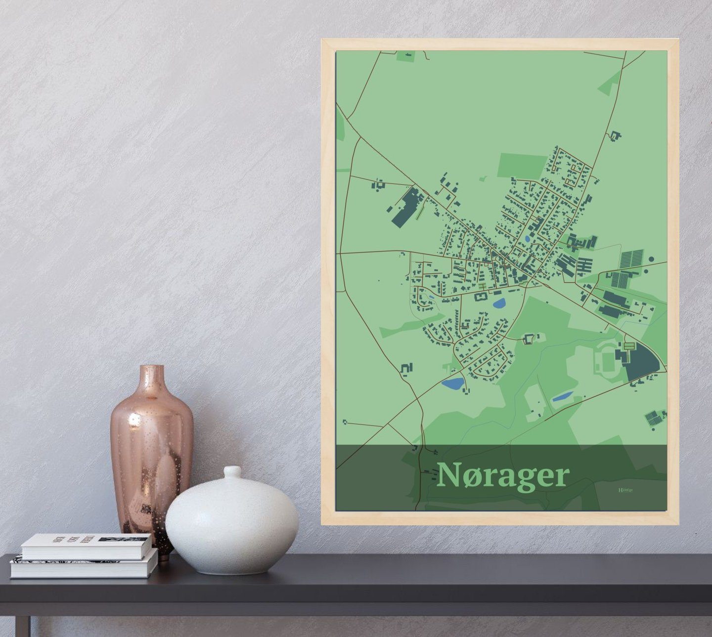 Nørager plakat i farve og HjemEgn.dk design firkantet. Design bykort for Nørager