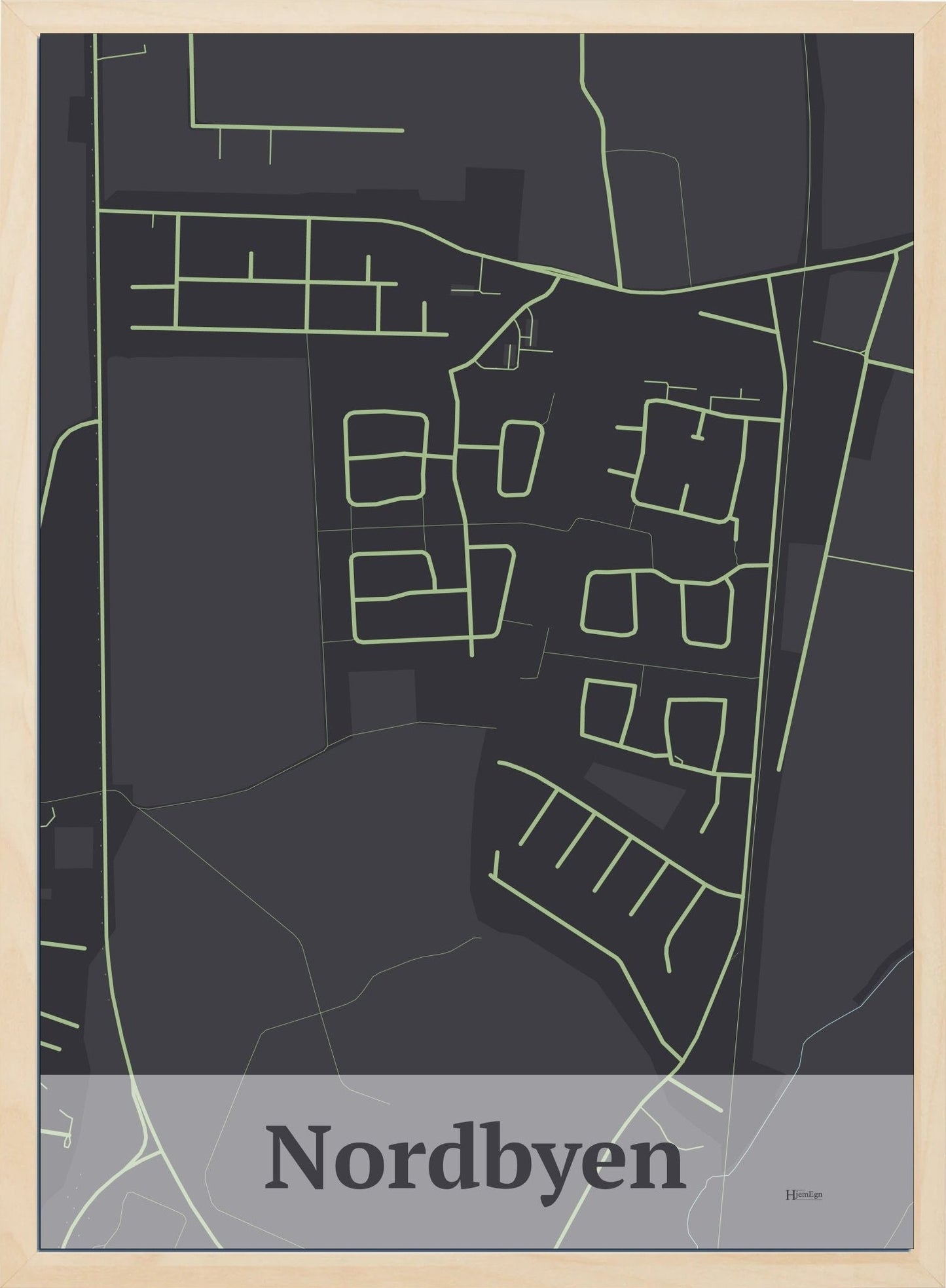 Nordbyen plakat i farve mørk brun og HjemEgn.dk design firkantet. Design bykort for Nordbyen