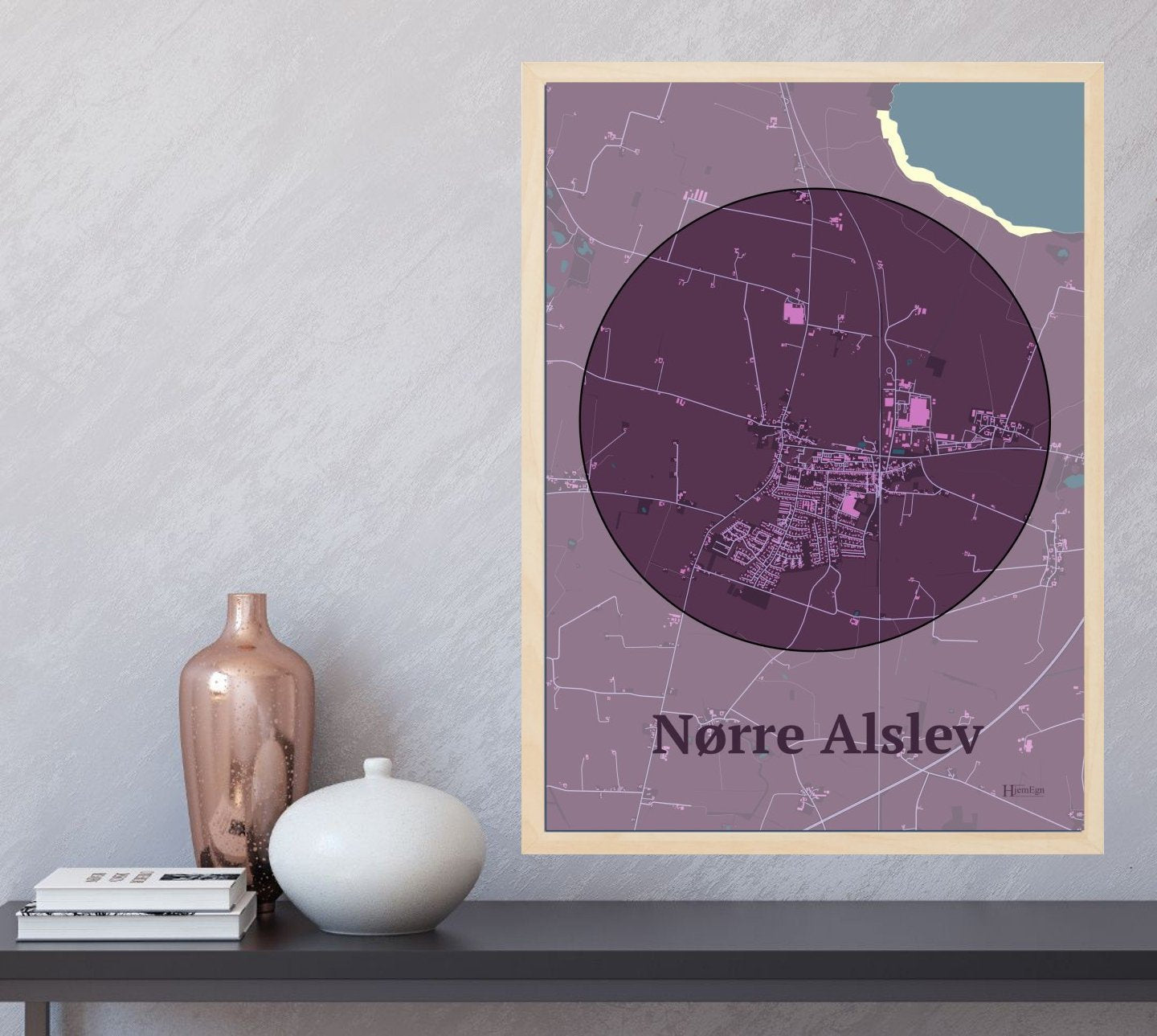 Nørre Alslev plakat i farve og HjemEgn.dk design centrum. Design bykort for Nørre Alslev