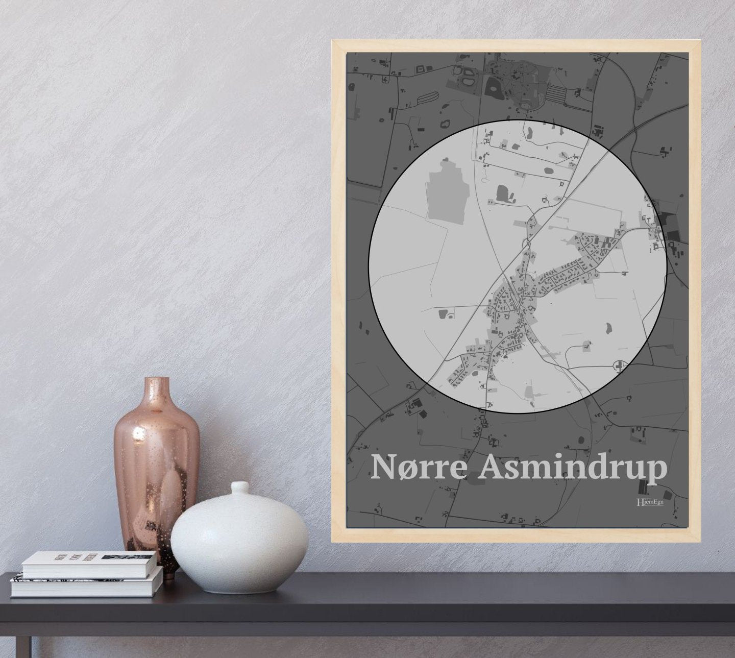 Nørre Asmindrup plakat i farve og HjemEgn.dk design centrum. Design bykort for Nørre Asmindrup