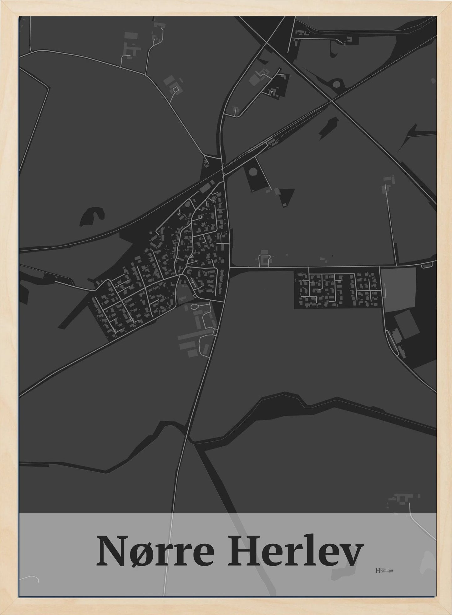 Nørre Herlev plakat i farve mørk grå og HjemEgn.dk design firkantet. Design bykort for Nørre Herlev