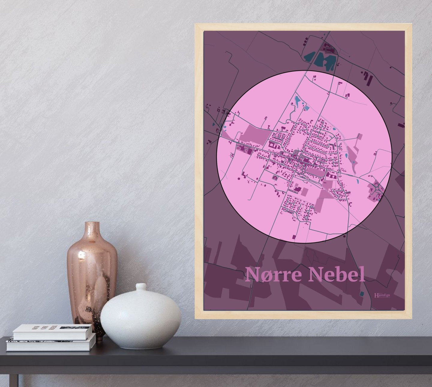 Nørre Nebel plakat i farve og HjemEgn.dk design centrum. Design bykort for Nørre Nebel