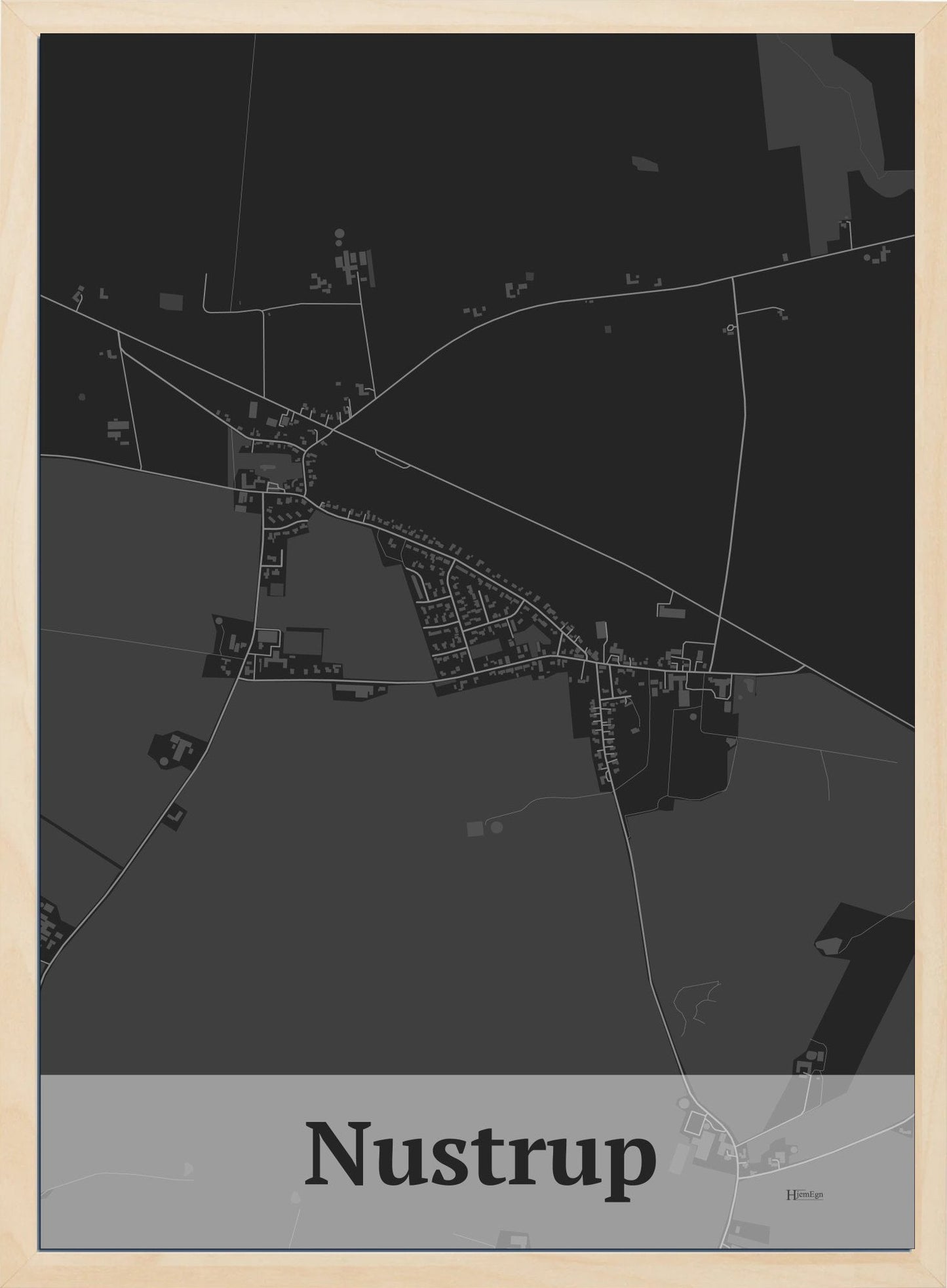 Nustrup plakat i farve mørk grå og HjemEgn.dk design firkantet. Design bykort for Nustrup
