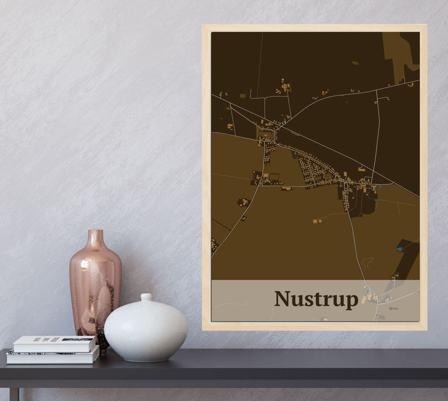 Nustrup plakat i farve og HjemEgn.dk design firkantet. Design bykort for Nustrup