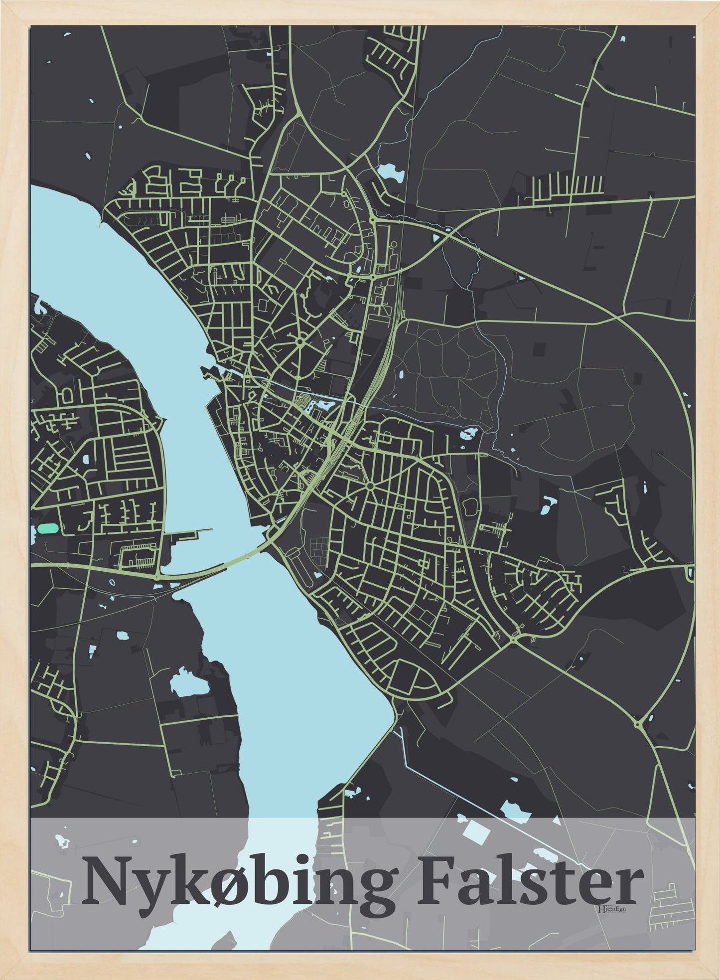 Nykøbing Falster plakat i farve mørk brun og HjemEgn.dk design firkantet. Design bykort for Nykøbing Falster