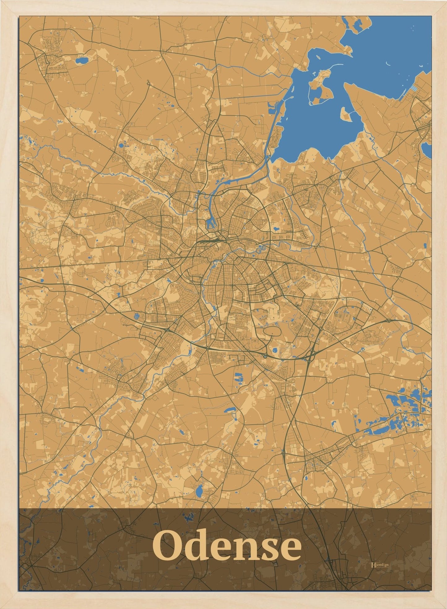 Odense plakat i pastel brun og HjemEgn.dk design firkantet. Design bykort for Odense