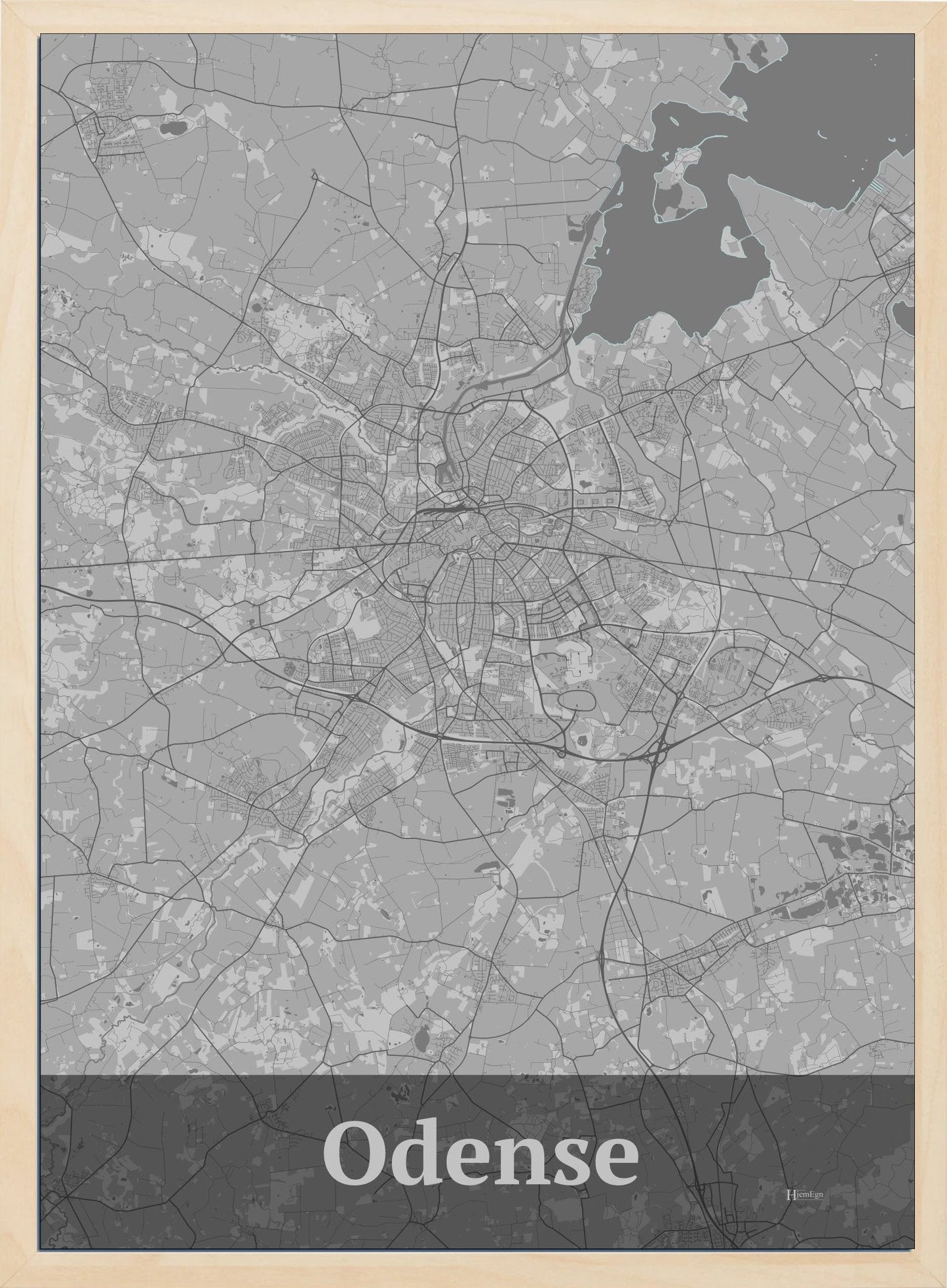 Odense plakat i pastel grå og HjemEgn.dk design firkantet. Design bykort for Odense