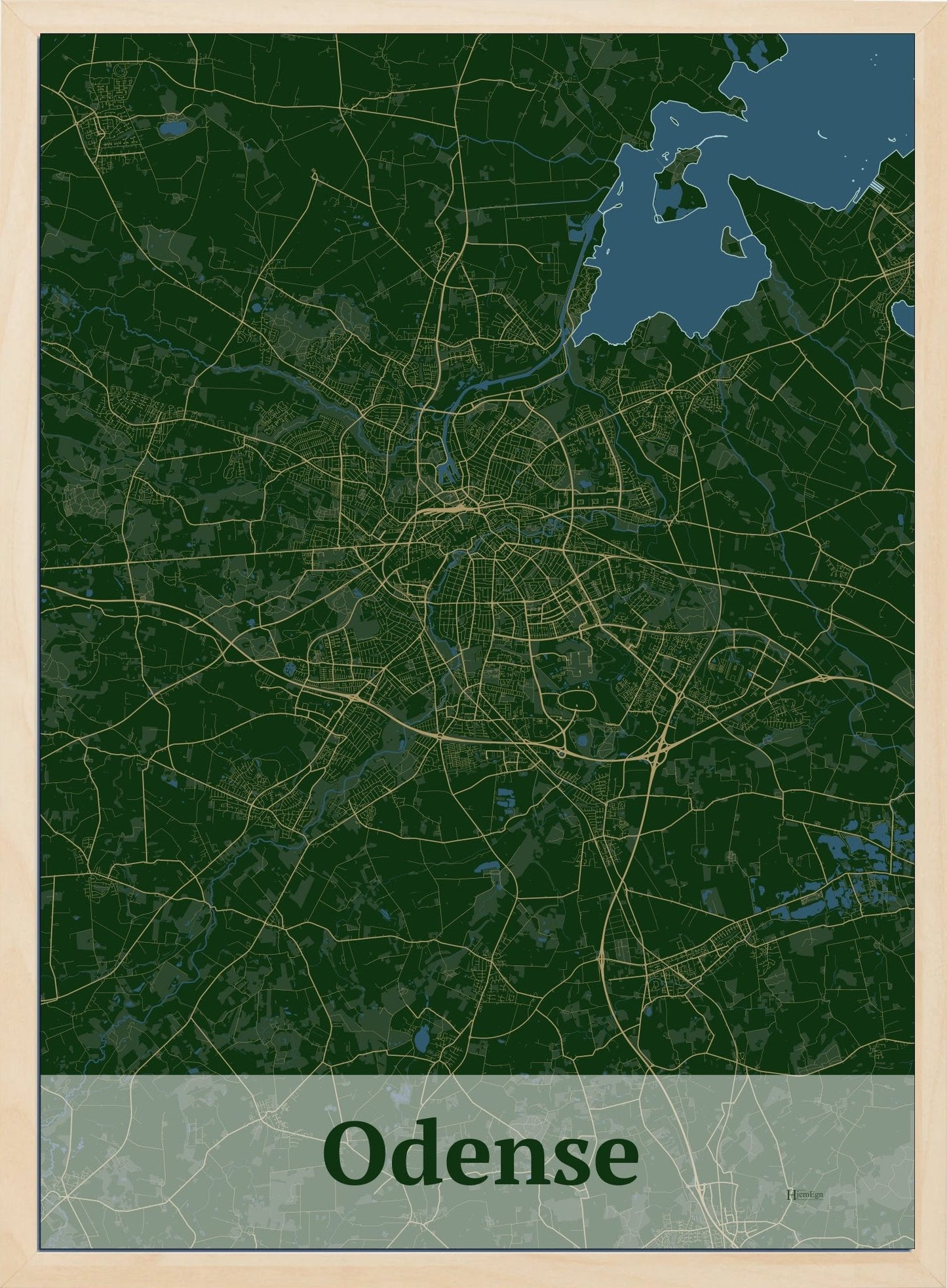 Odense plakat i mørk grøn og HjemEgn.dk design firkantet. Design bykort for Odense