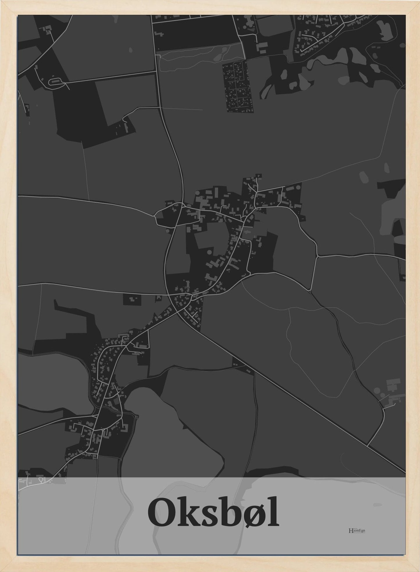 Oksbøl plakat i farve mørk grå og HjemEgn.dk design firkantet. Design bykort for Oksbøl