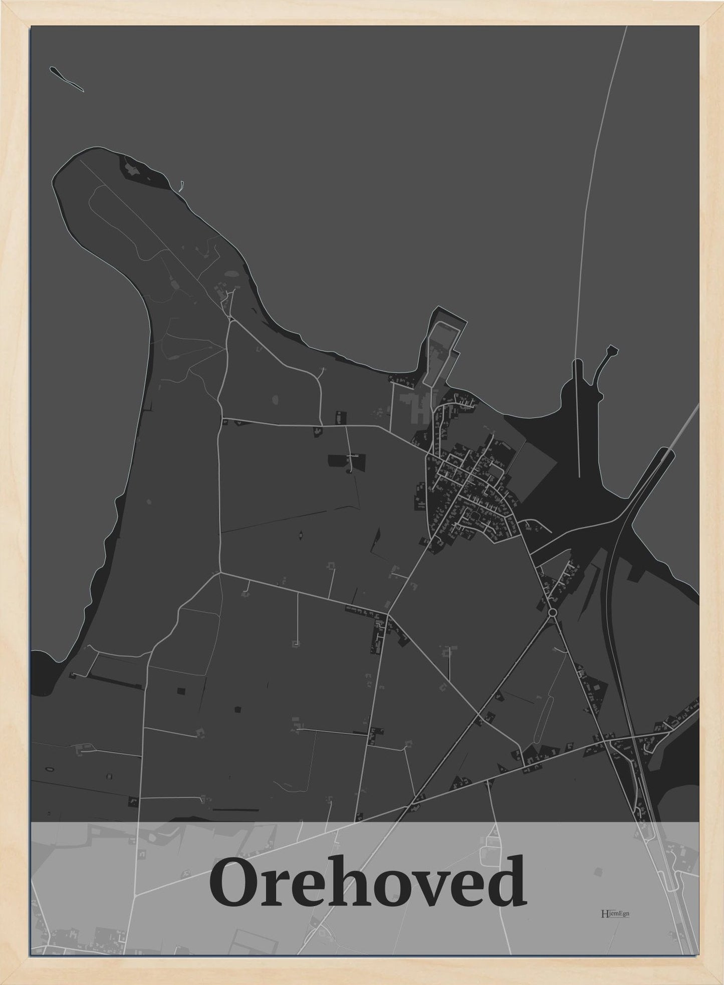 Orehoved plakat i farve mørk grå og HjemEgn.dk design firkantet. Design bykort for Orehoved