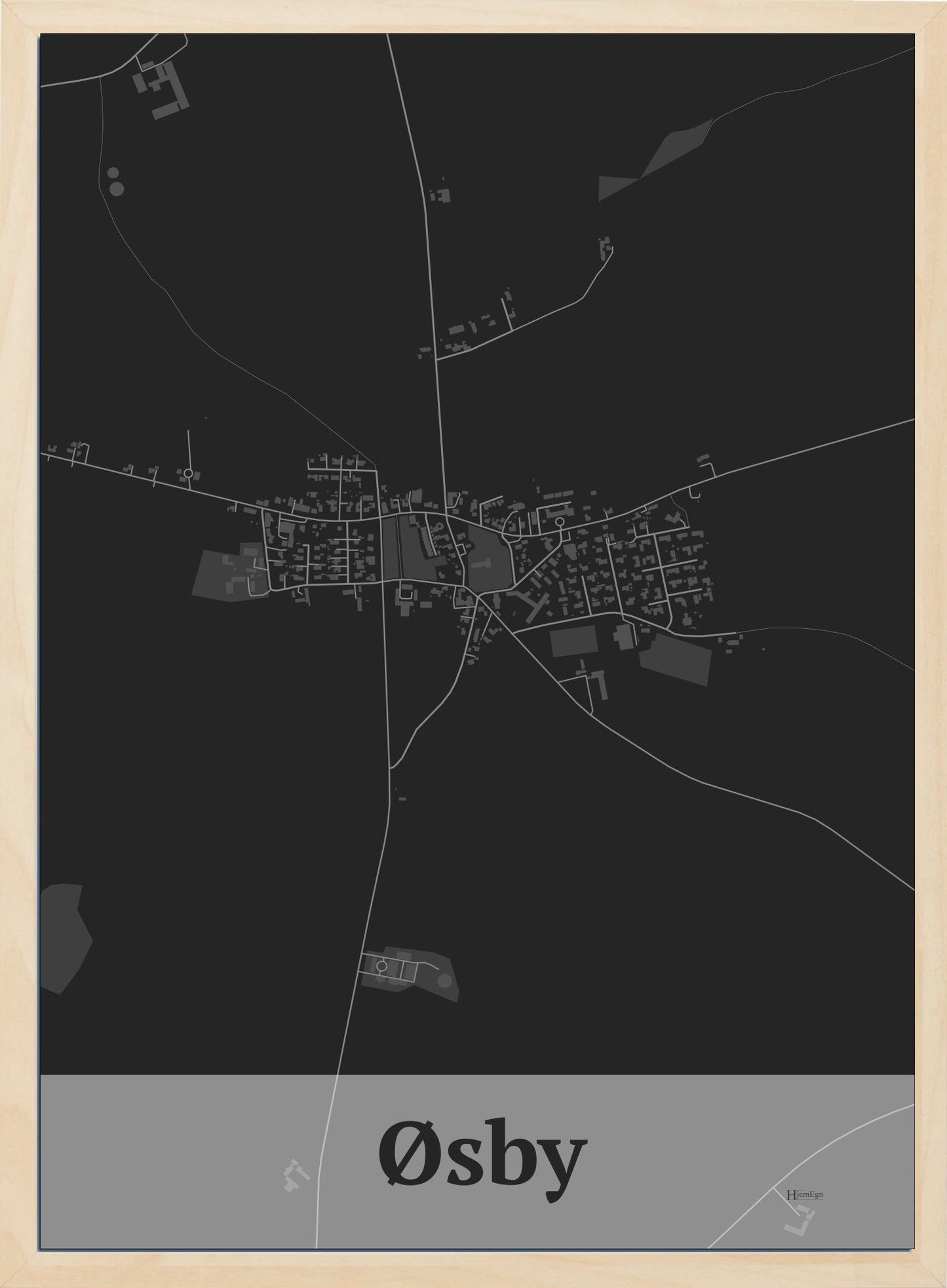 Øsby plakat i farve mørk grå og HjemEgn.dk design firkantet. Design bykort for Øsby