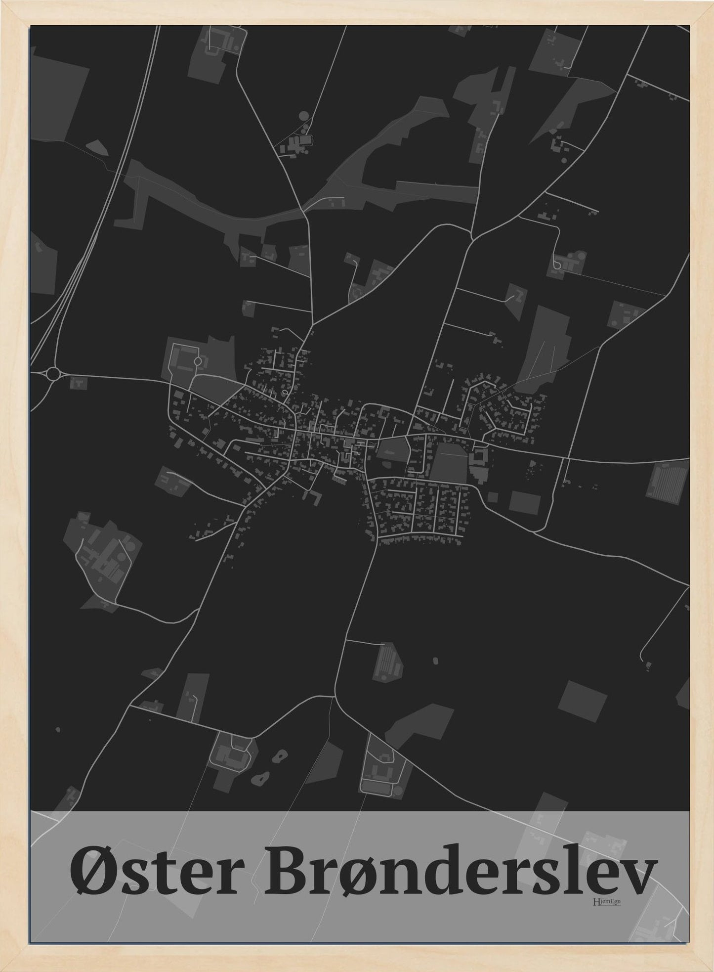 Øster Brønderslev plakat i farve mørk grå og HjemEgn.dk design firkantet. Design bykort for Øster Brønderslev