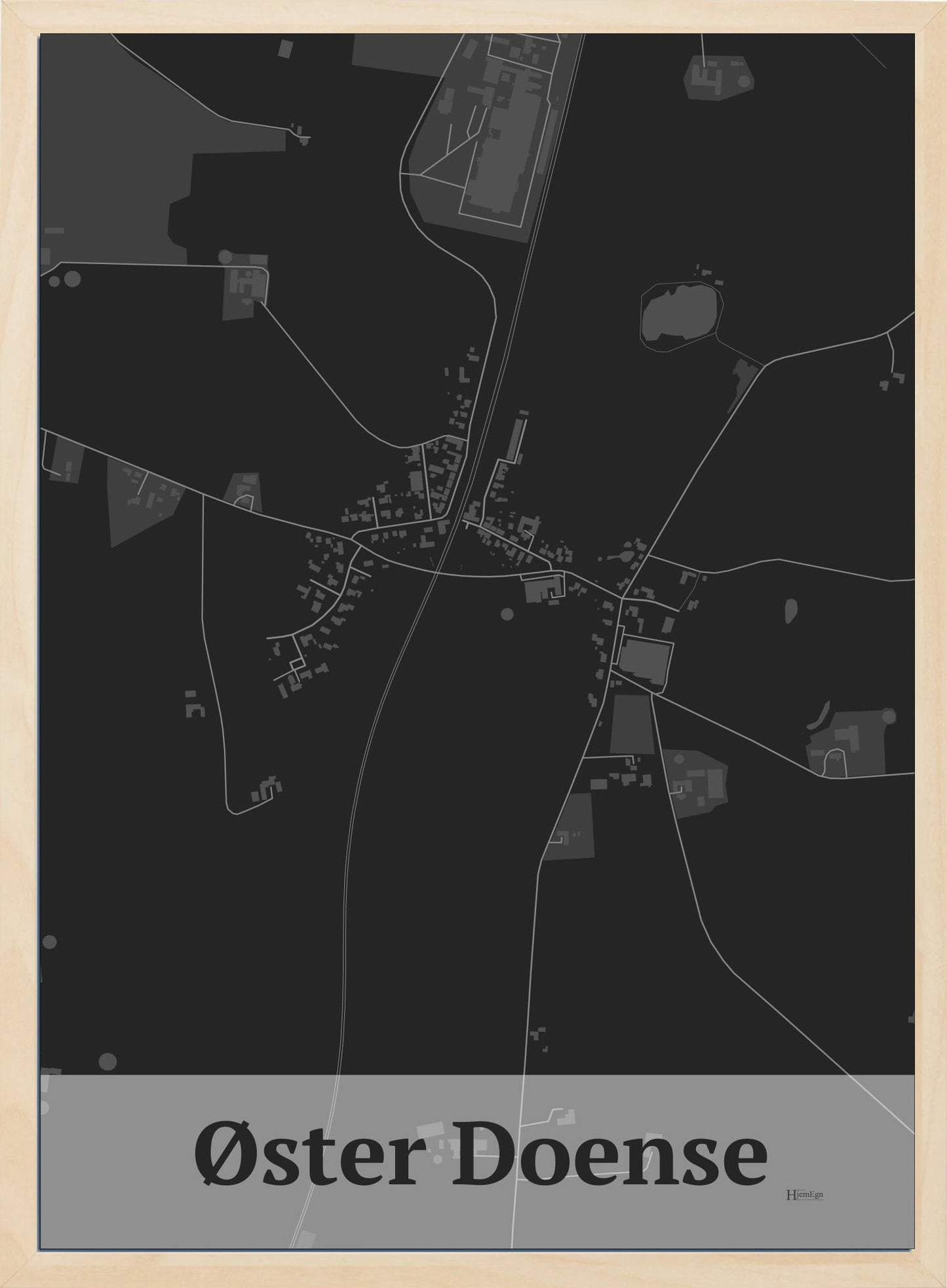 Øster Doense plakat i farve mørk grå og HjemEgn.dk design firkantet. Design bykort for Øster Doense