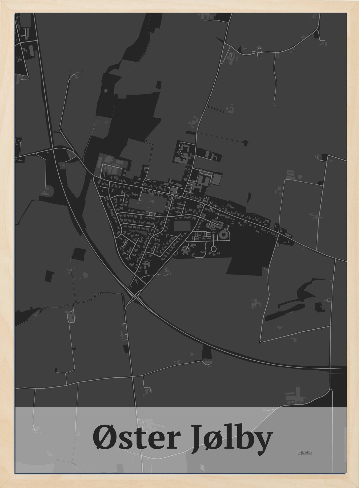 Øster Jølby plakat i farve mørk grå og HjemEgn.dk design firkantet. Design bykort for Øster Jølby