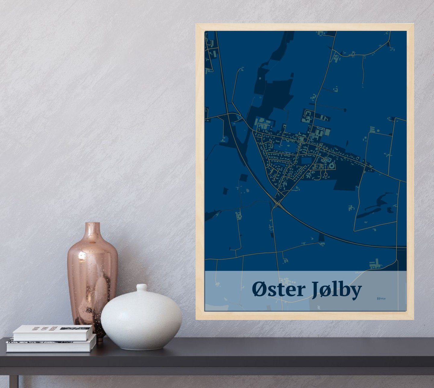 Øster Jølby plakat i farve og HjemEgn.dk design firkantet. Design bykort for Øster Jølby