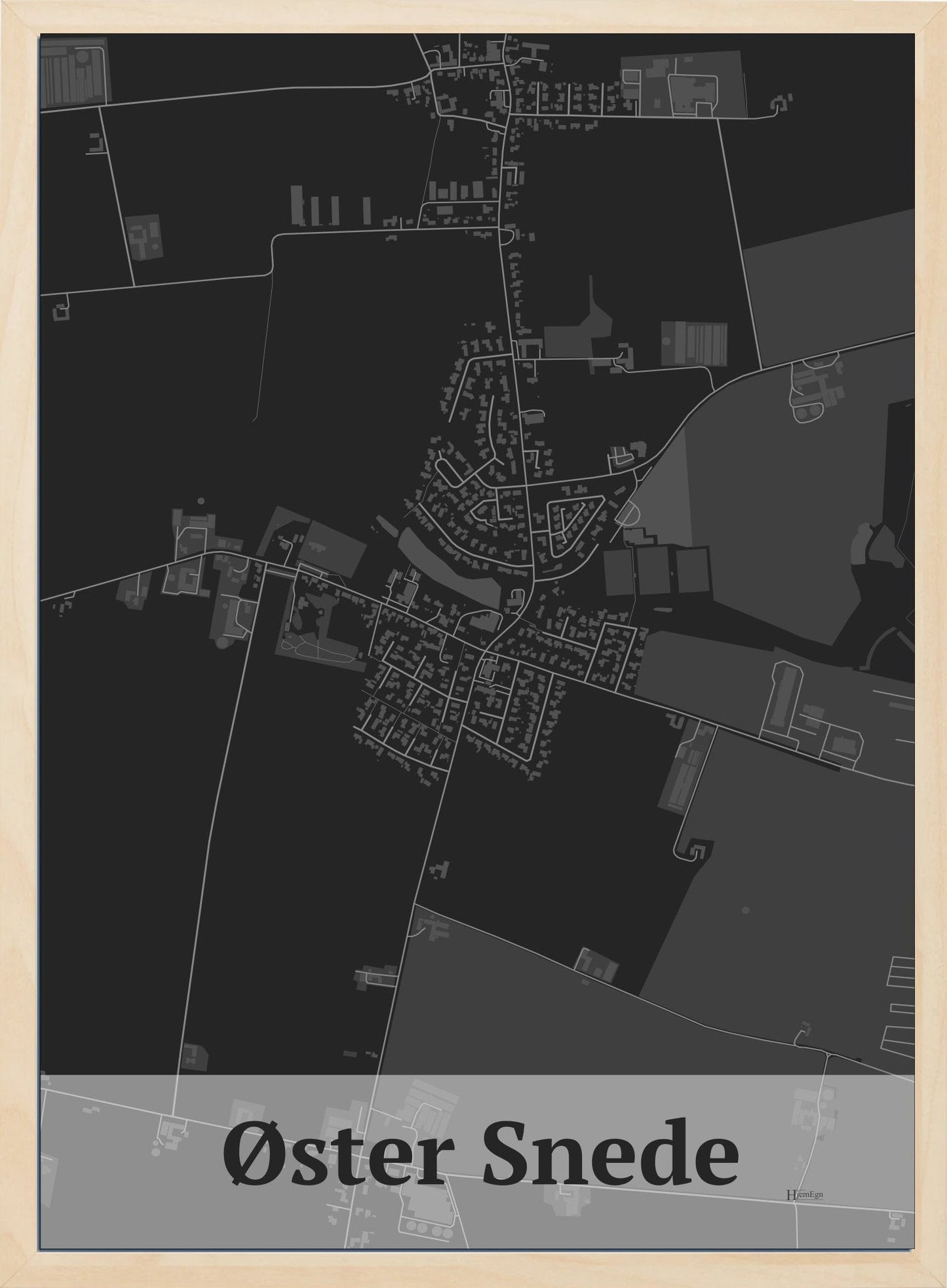 Øster Snede plakat i mørk grå og HjemEgn.dk design firkantet. Design bykort for Øster Snede