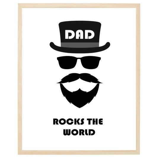 Far plakat Dad Rocks the World tekst med billede af et ansigt på en sej far i sort og hvid