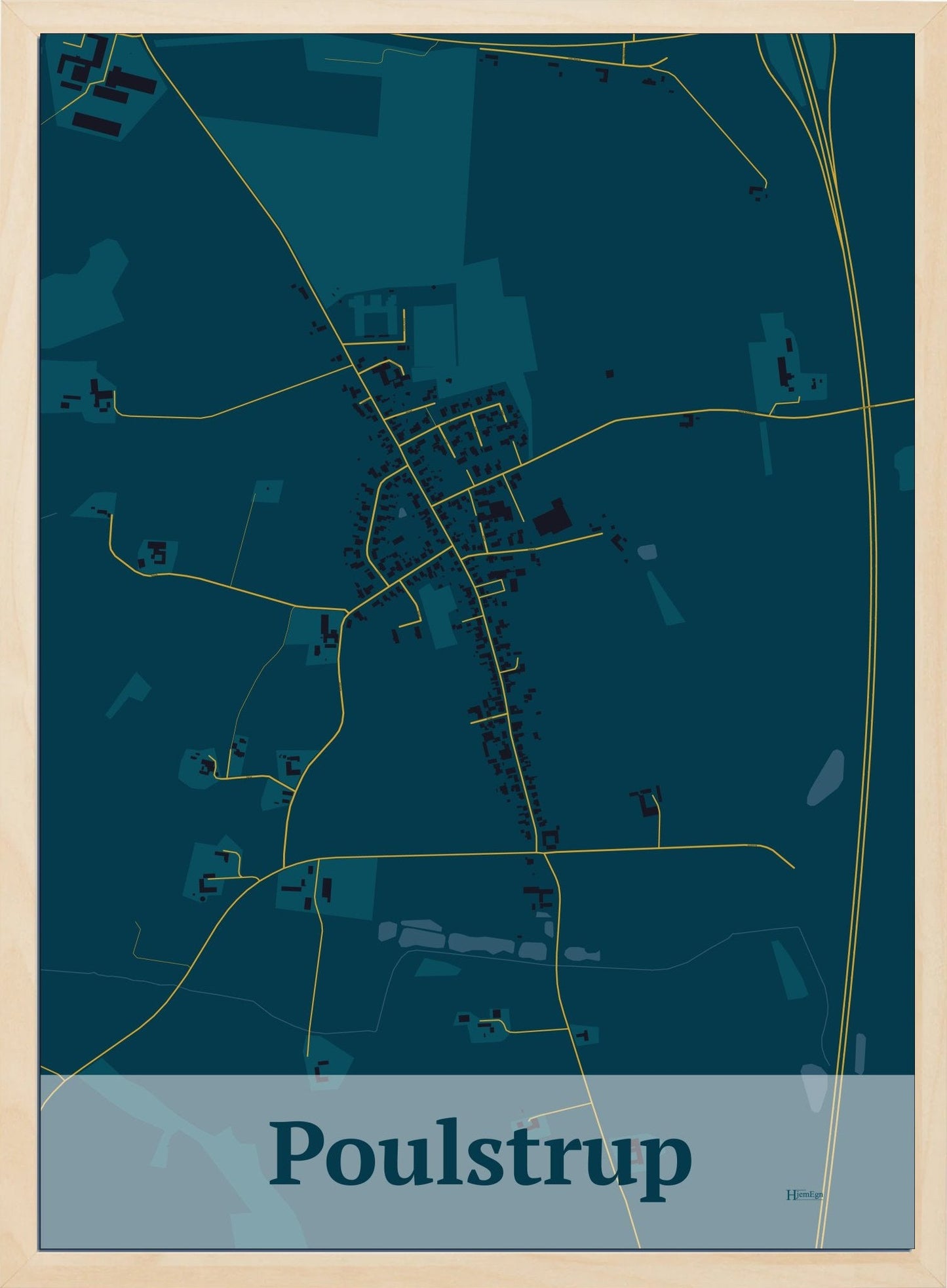 Poulstrup plakat i farve mørk blå og HjemEgn.dk design firkantet. Design bykort for Poulstrup