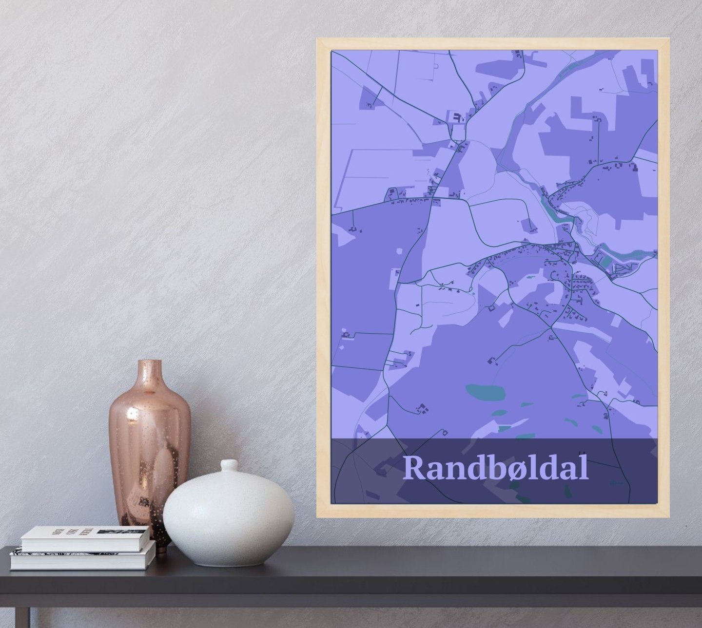Randbøldal plakat i farve og HjemEgn.dk design firkantet. Design bykort for Randbøldal