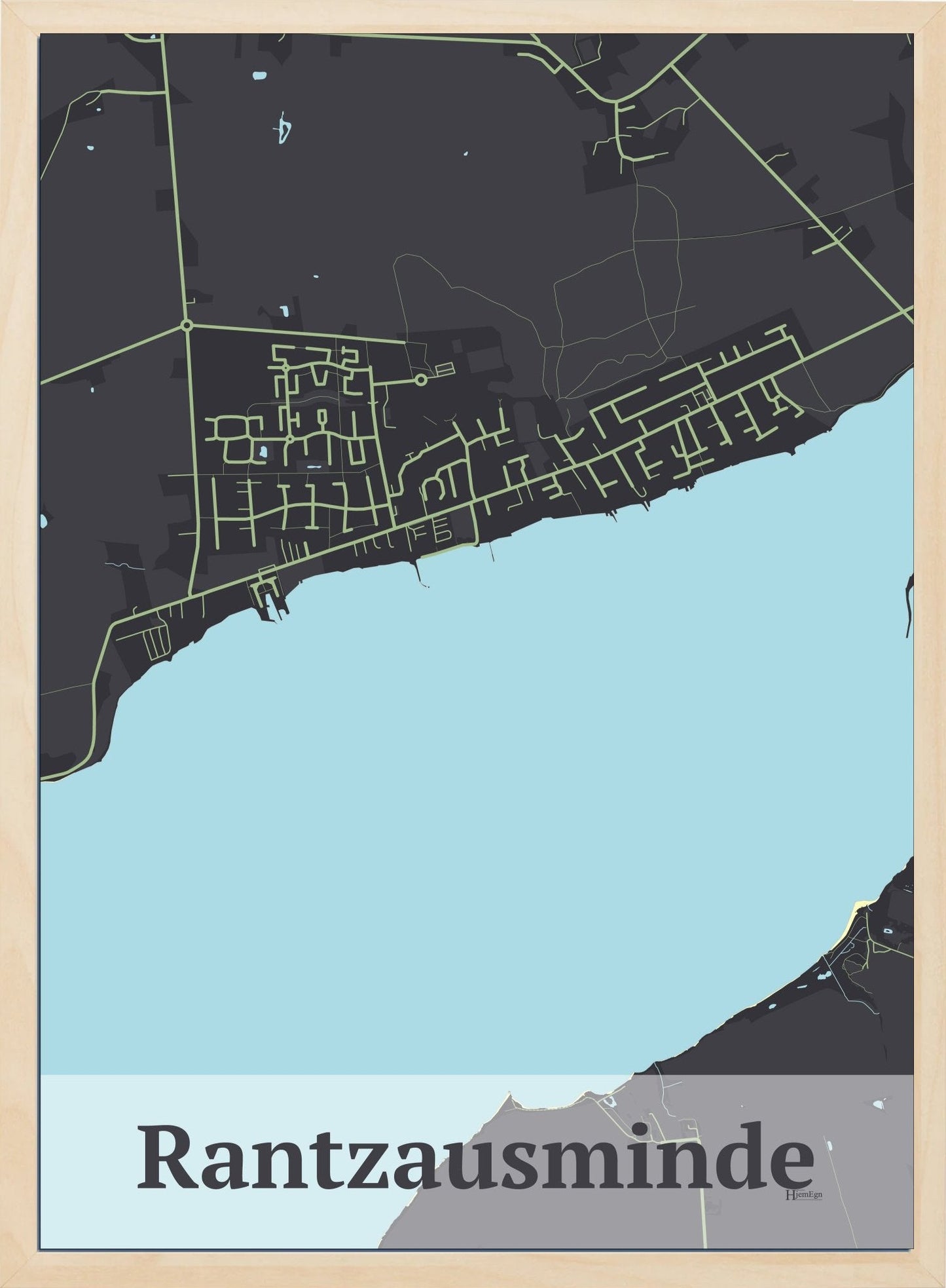 Rantzausminde plakat i farve mørk brun og HjemEgn.dk design firkantet. Design bykort for Rantzausminde