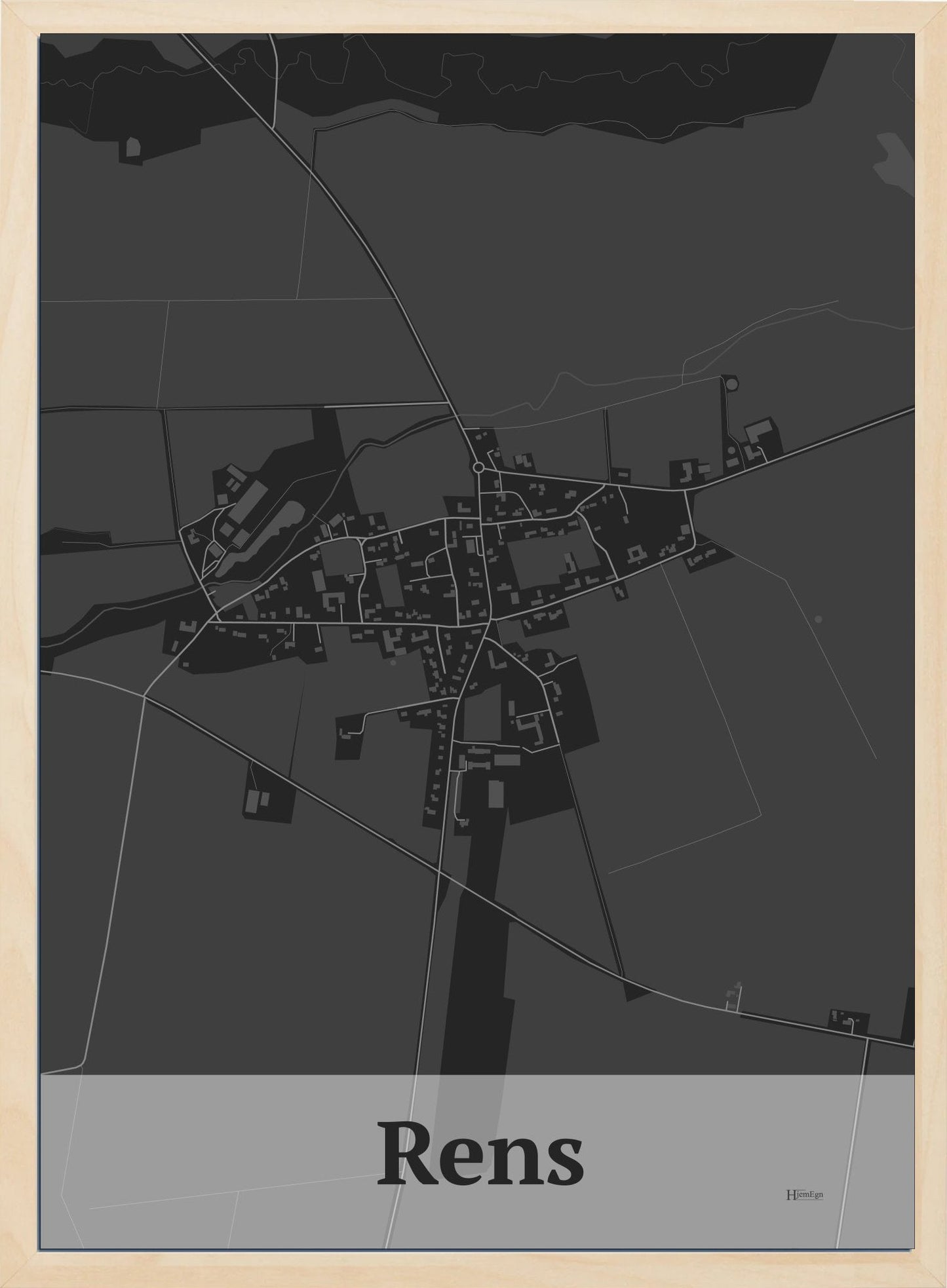 Rens plakat i farve mørk grå og HjemEgn.dk design firkantet. Design bykort for Rens